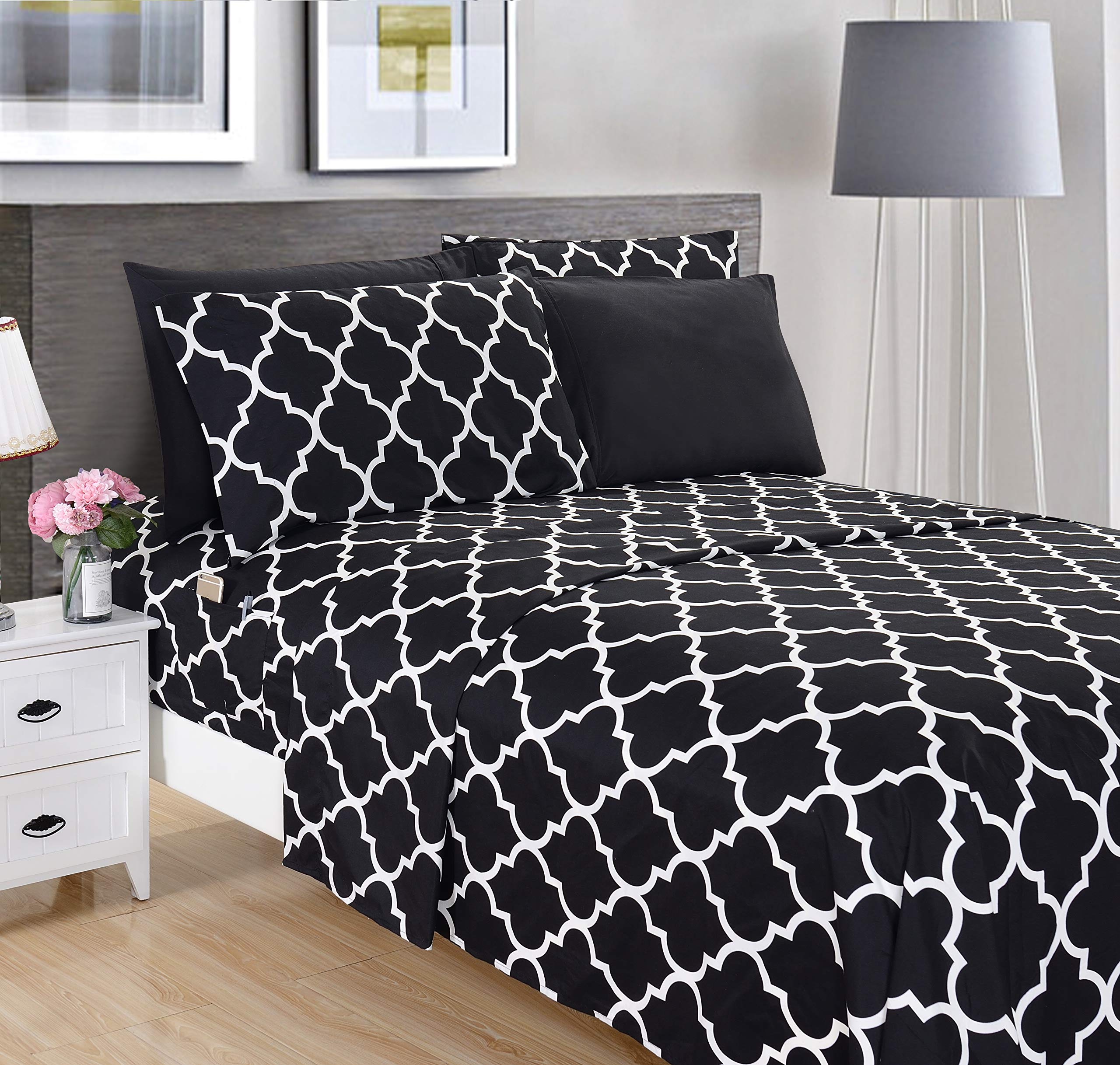 Elegant Comfort 6-Piece Quatrefoil Printed Deep Pocket Bed Sheet Set, Luxurious Silky 1500 Thread Count Bed Sheet Set Ultra Soft Wrinkle Resistant Bedding Set, King, Black