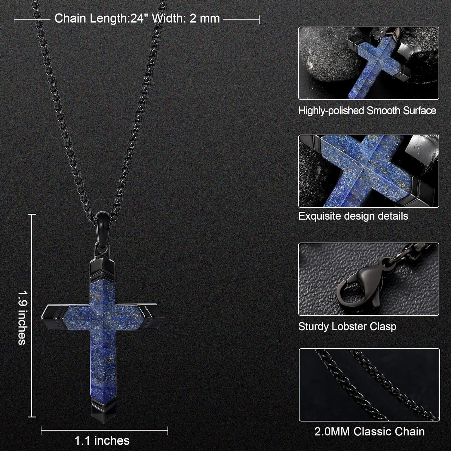 Cross Necklace for Men -Stainless Steel & Gemstone Adjustable Box Chain 24-26in, Spiritual Jewelry Gift for Him, Everyday Wear - Image 3