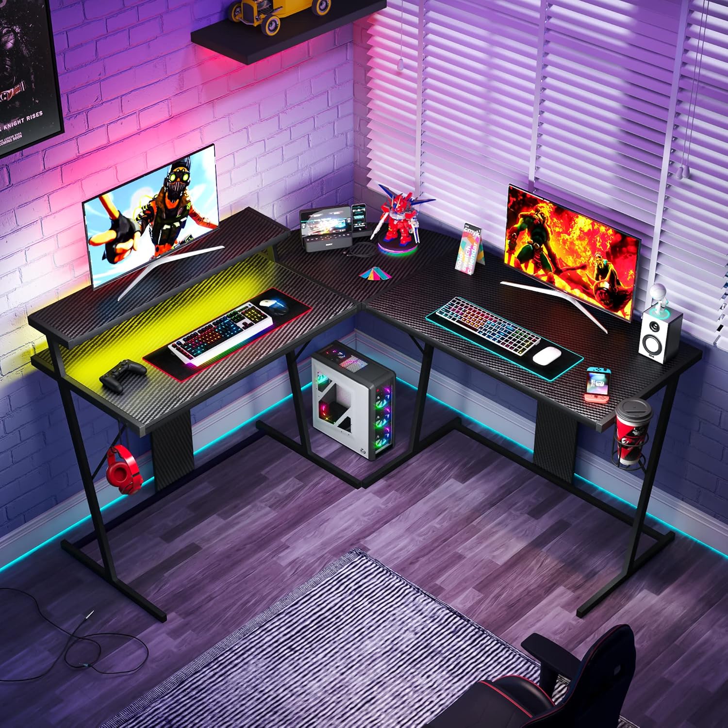 Bestier L Shaped Computer Desk 55” Gaming Desk Led Lights Corner Gaming