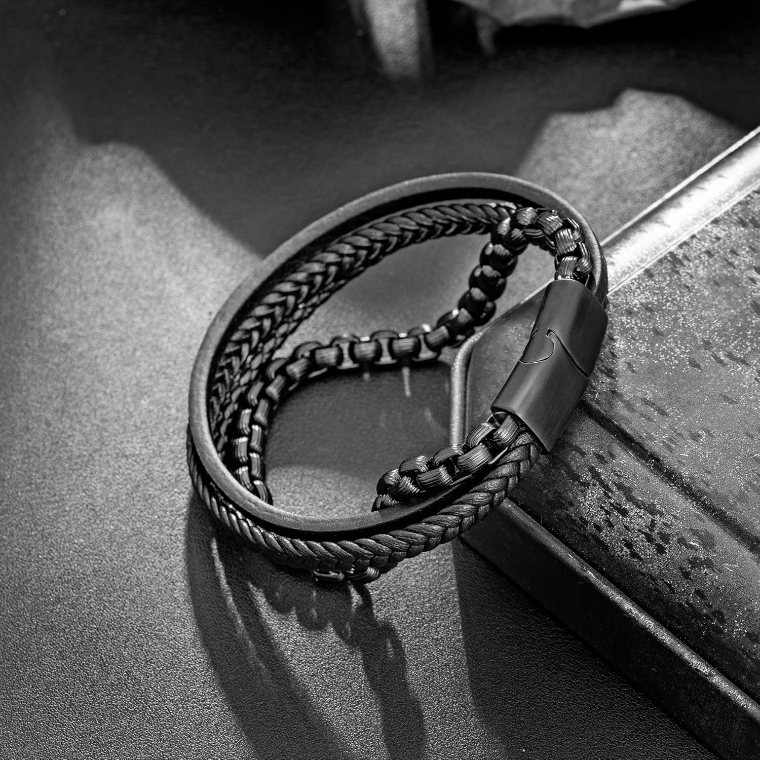 murtoo Mens Bracelet leather and Steel, Stainless Steel Chain and Leather Bracelets for Men