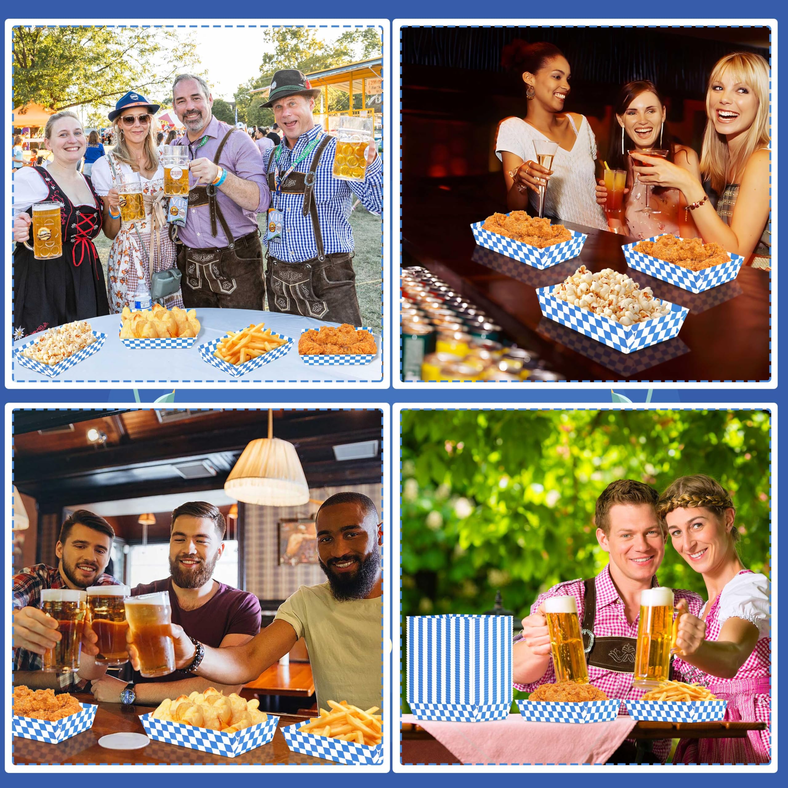 Oktoberfest Papiertabletts – 100 Stück, Blau-weiß Kariert, Für Snacks & Party