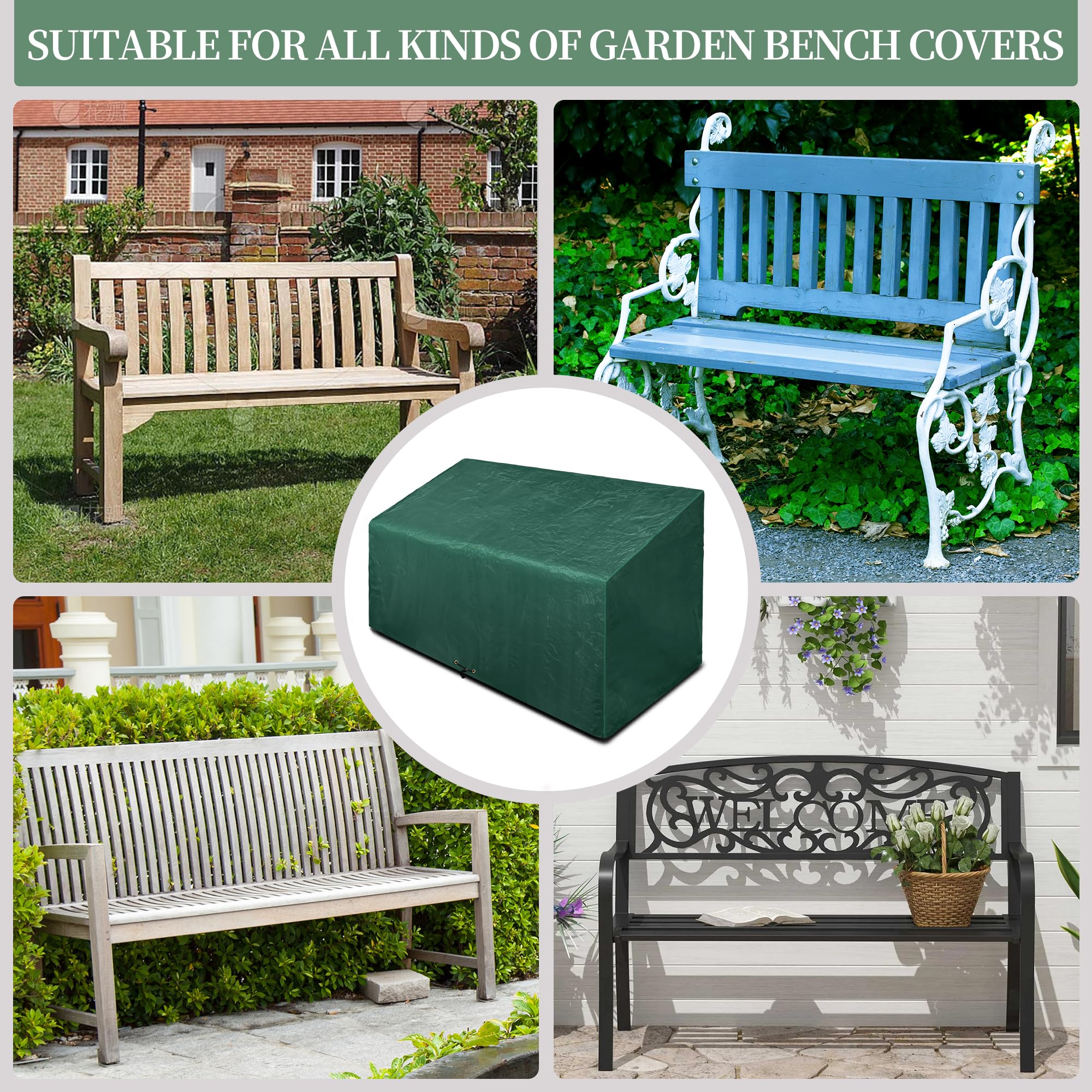 Garden Bench Covers Waterproof, Outdoor Patio Bench Cover 2 Seater, Garden seat Cover, Bench Covers with Drawstring, Anti-UV Wind Waterproof (Green-pe, 134 x 66 x 63/89cm)