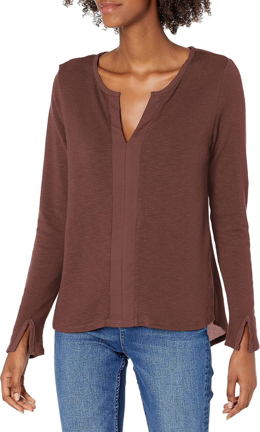 Women's Long Sleeve Split Neck Knit Top - Comfortable Casual Shirt With Woven Trim