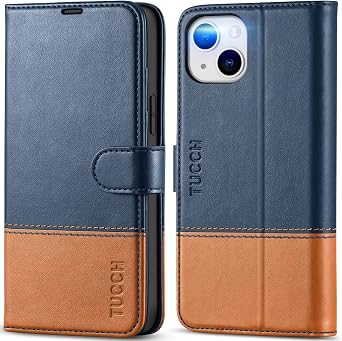 TUCCH Wallet Case for iPhone 14 Plus 6.7", 4 Card Holders, Blue & Brown