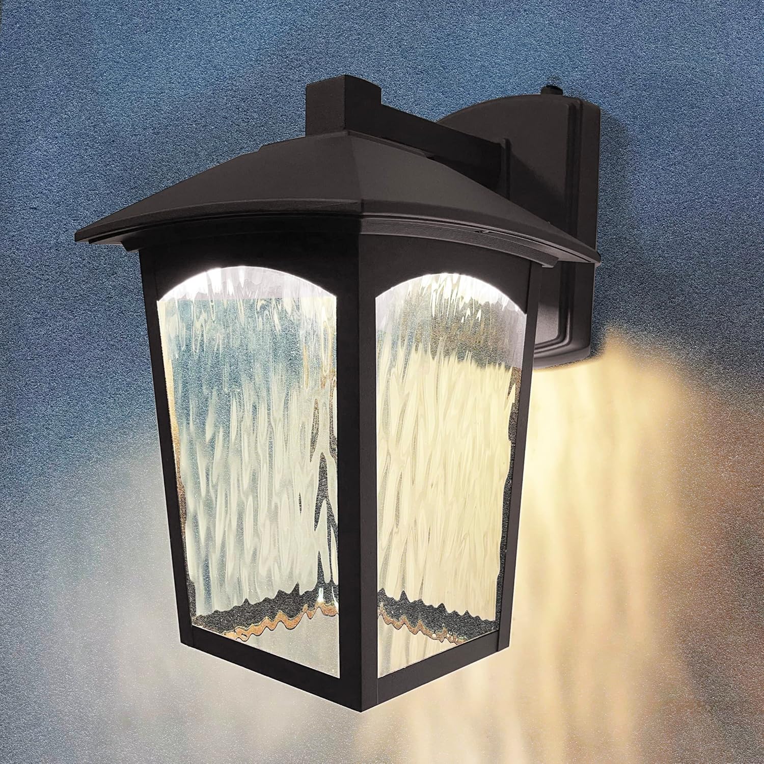 Maxxima LED Porch Lantern - Outdoor Wall Light, Bronze w/Water Glass, Photocell Dusk to Dawn Sensor, 800 Lumens, 3000K Warm White, Ideal Fixture for Backyard Patio and Front Door Lighting