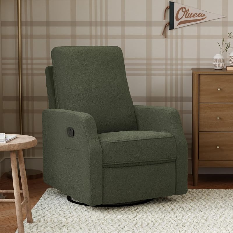 Davinci Lucas Guardería con planeador giratorio con respaldo de almohada, acogedor boucle de oliva | Silla reclinable para guardería con certificación GREENGUARD Gold, respaldo alto, brazos acolchados y almohada lumbar adicional, manual, giratorio 360°