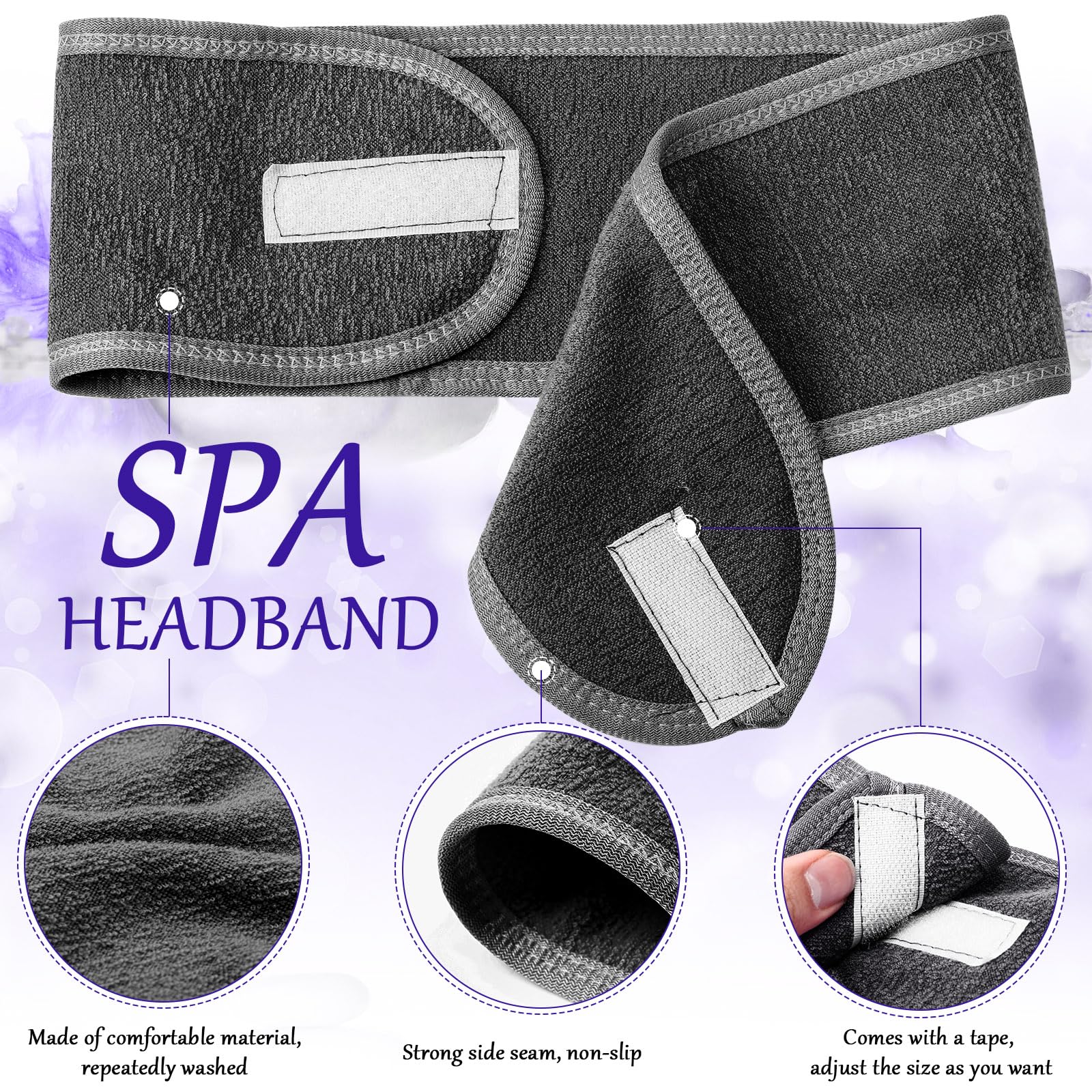 Hoteam Spa-Stirnband, Spa-Gesichts-Stirnband, Spa-Stirnband, Großpackung zum Waschen von Gesicht, Make-up, Stirnband für Dusche, Bad, Sport, verstellbares Handtuch mit Klettverschluss (Silbergrau)