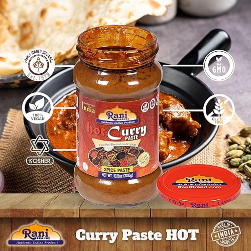 Miniatura 4 de Pasta de curry Rani CALIENTE (pasta de especias) tarro de vidrio de 10.5 onzas (10.58 oz)  Sin colores  Totalmente natural  Sin OMG  Kosher  Vegano