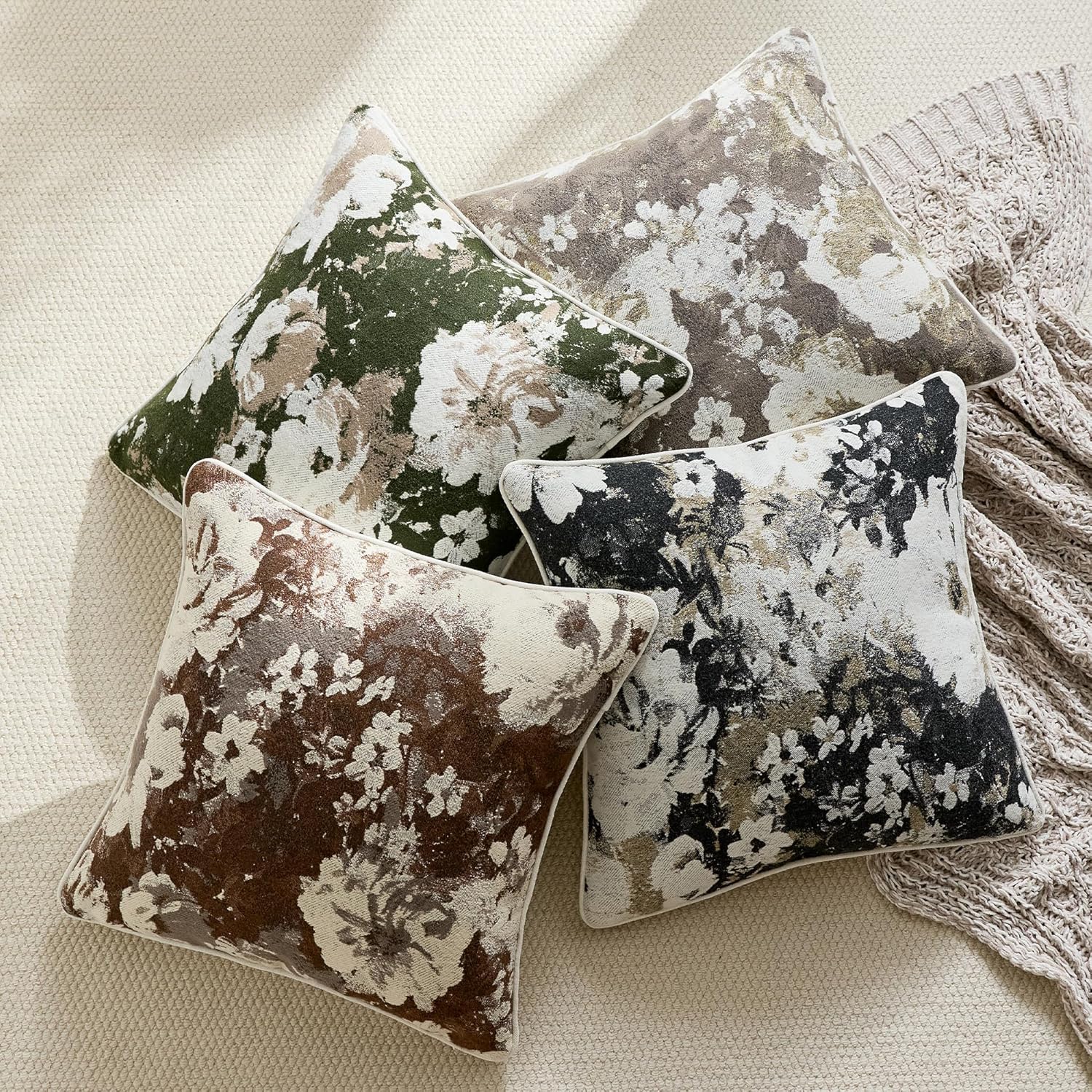 ORTIGIA Pack of 2 Vintage Floral Throw Pillow Covers 18x18 Boho Chenille Throw Pillow Cover Farmhouse Accents Decorative Pillow Cases for Living Room Couch Bed Home Decor,Black