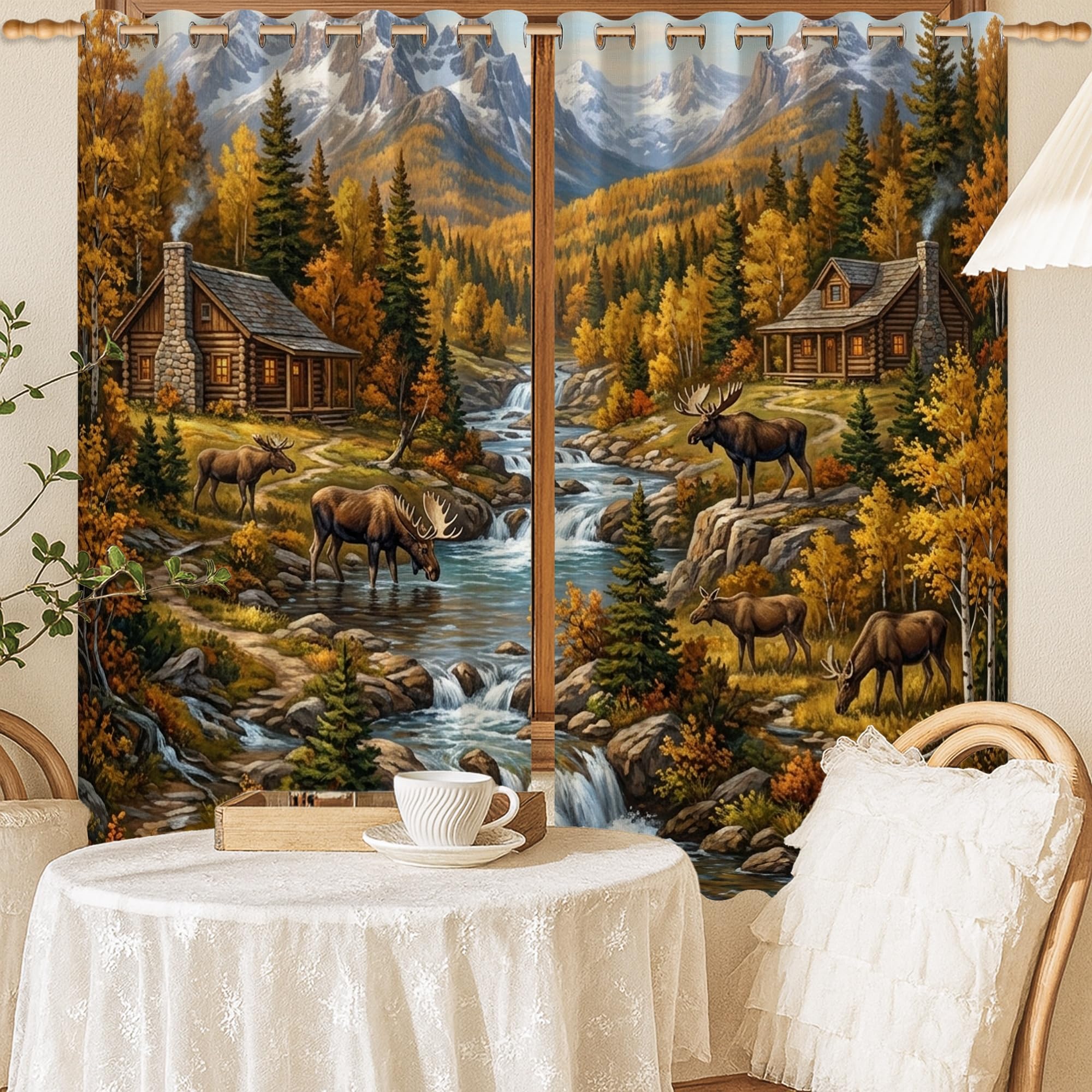 Rideaux occultants vert automne 132x137cm style cabane naturelle