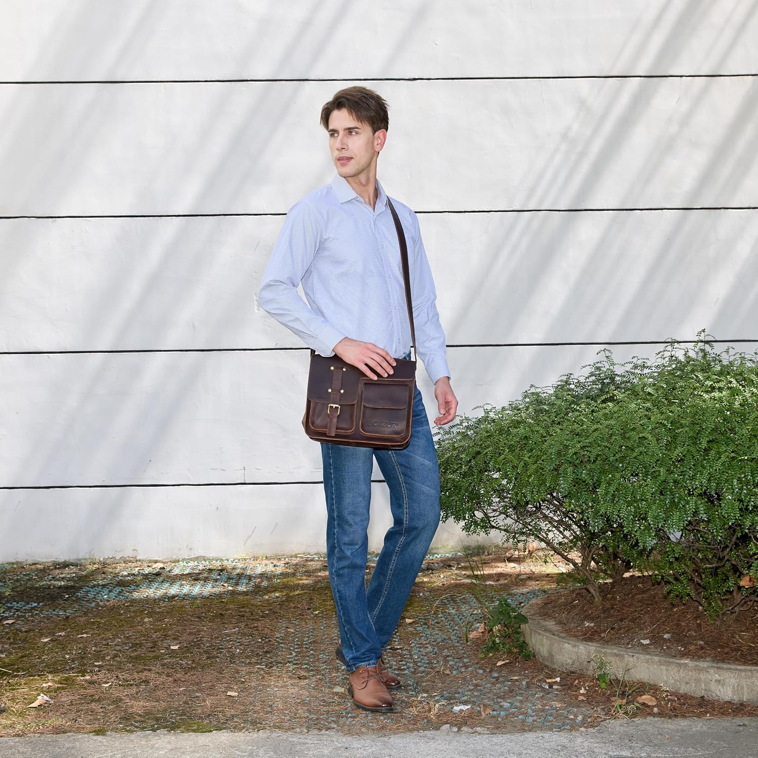 Men’s Leather Crossbody Bag – Crazy Horse Leather Messenger Bag for 10.6” Tablet