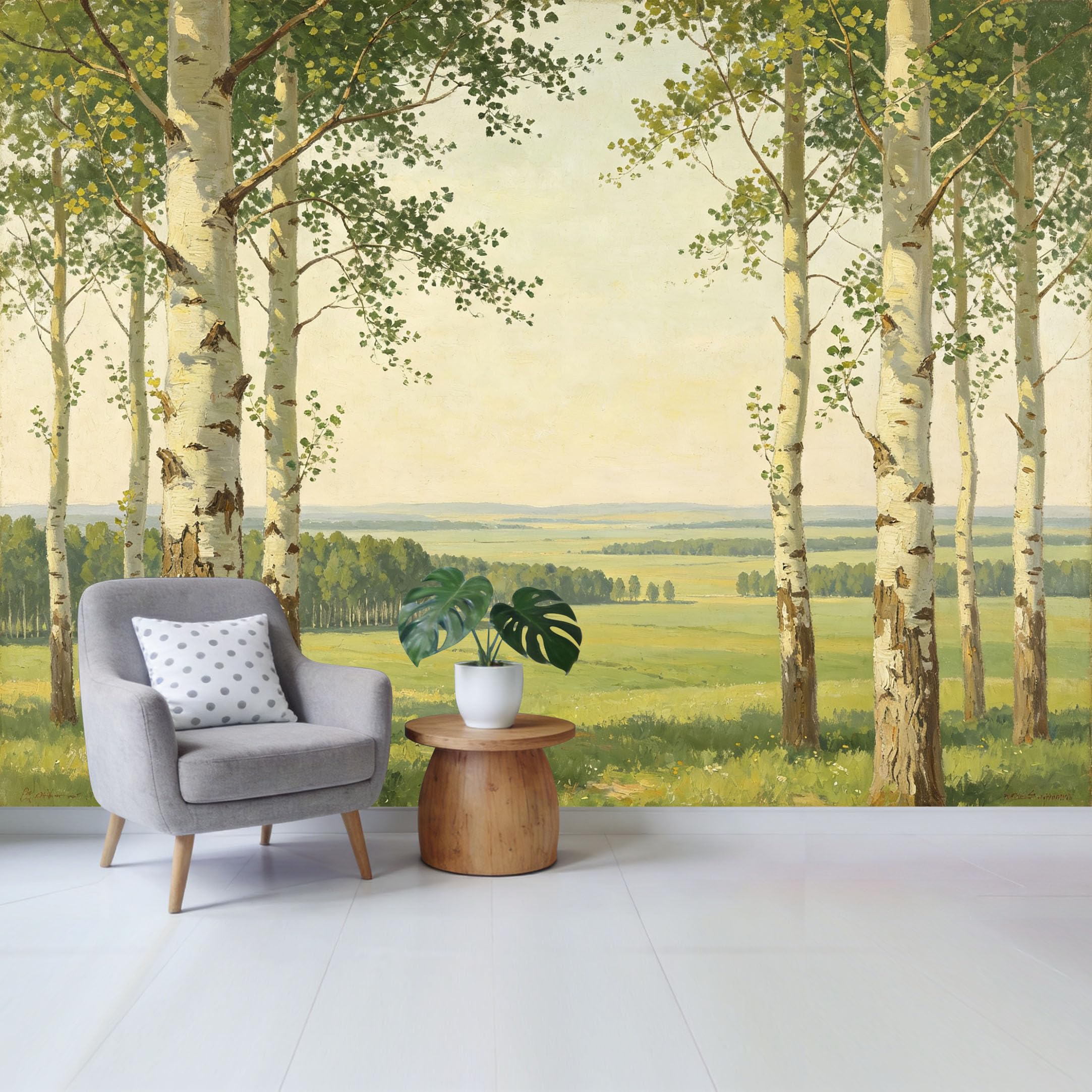 Qzlithotic Yq2605251181 Custom Size Wall Mural Serene Birch Forest Landscape Oil Painting Style Selfadhesive Wall Fabric Removable Wallpaper For Home Office Decor