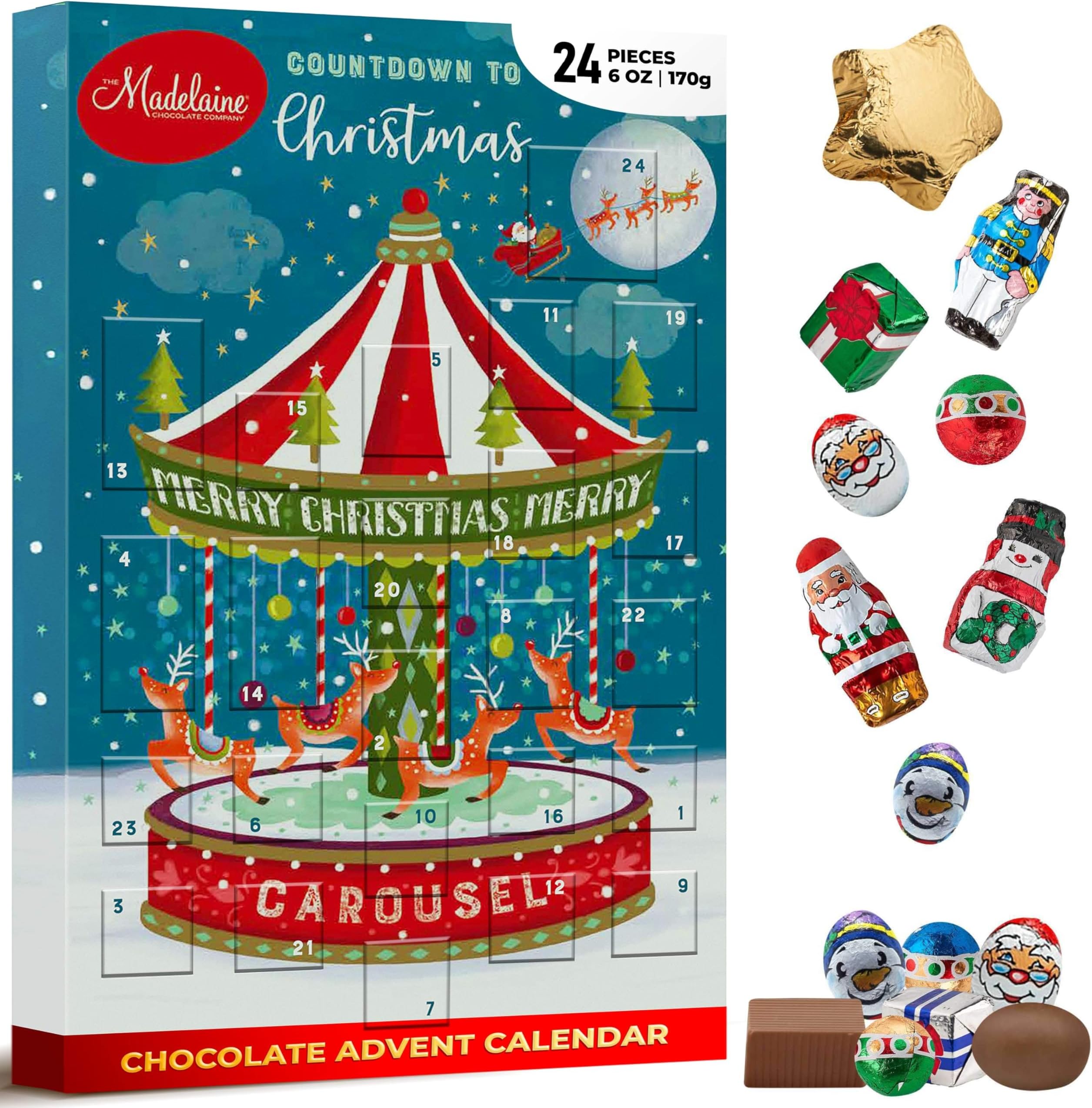 Madelaine 2025 Christmas Advent Calendar – Chocolate & Candy Christmas Countdown for Kids, Women, Men, Teen Girls & Boys – Holiday Treats Advent Calendars -Carousel - 6 Oz