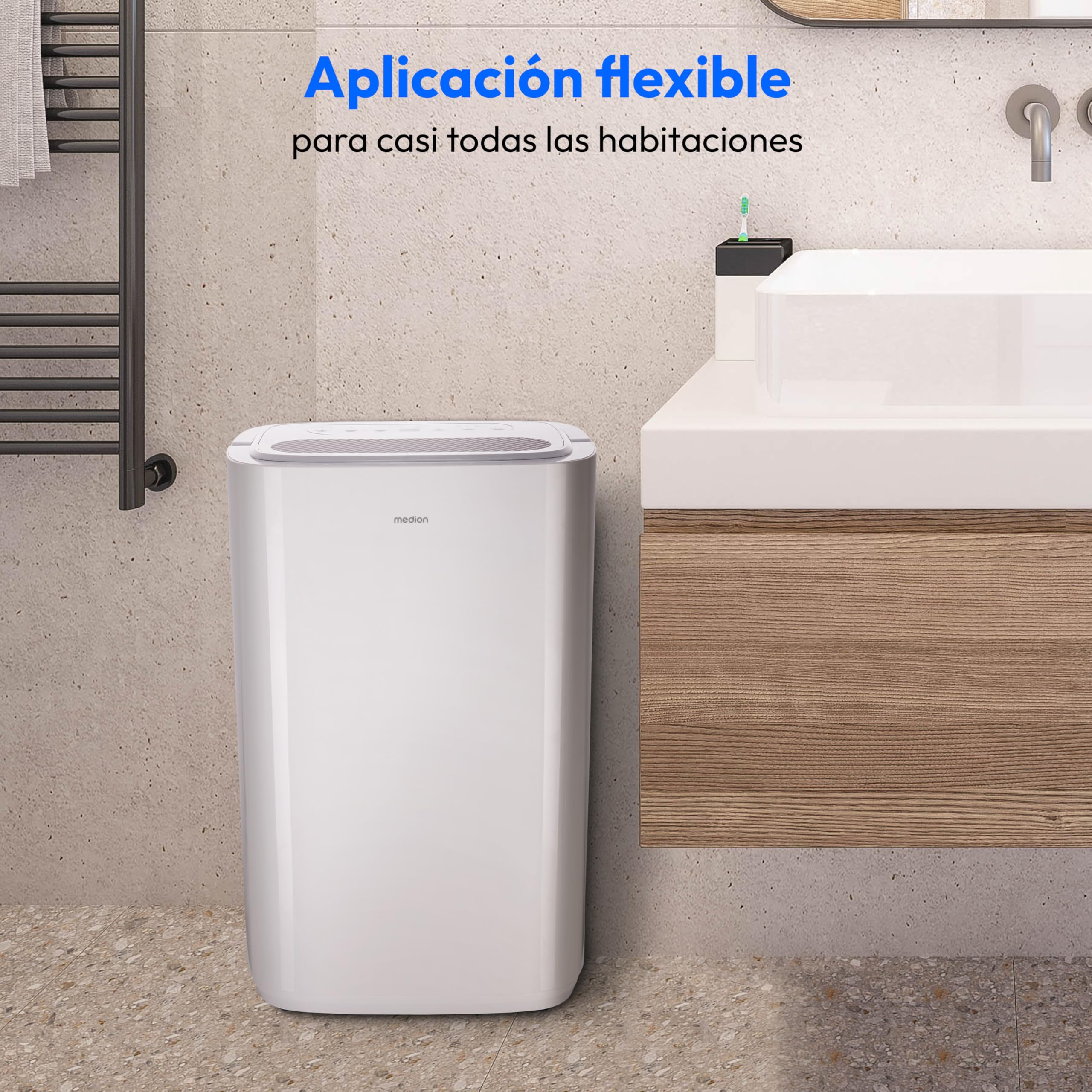 MEDION Deshumidificador DH20 (eléctrico, 20 litros/24h, hasta 20m², 43db silencioso, baño, dormitorio, depósito de agua de 5,4 litros, modo lavandería, temporizador, rodillos para el suelo, MD12048)