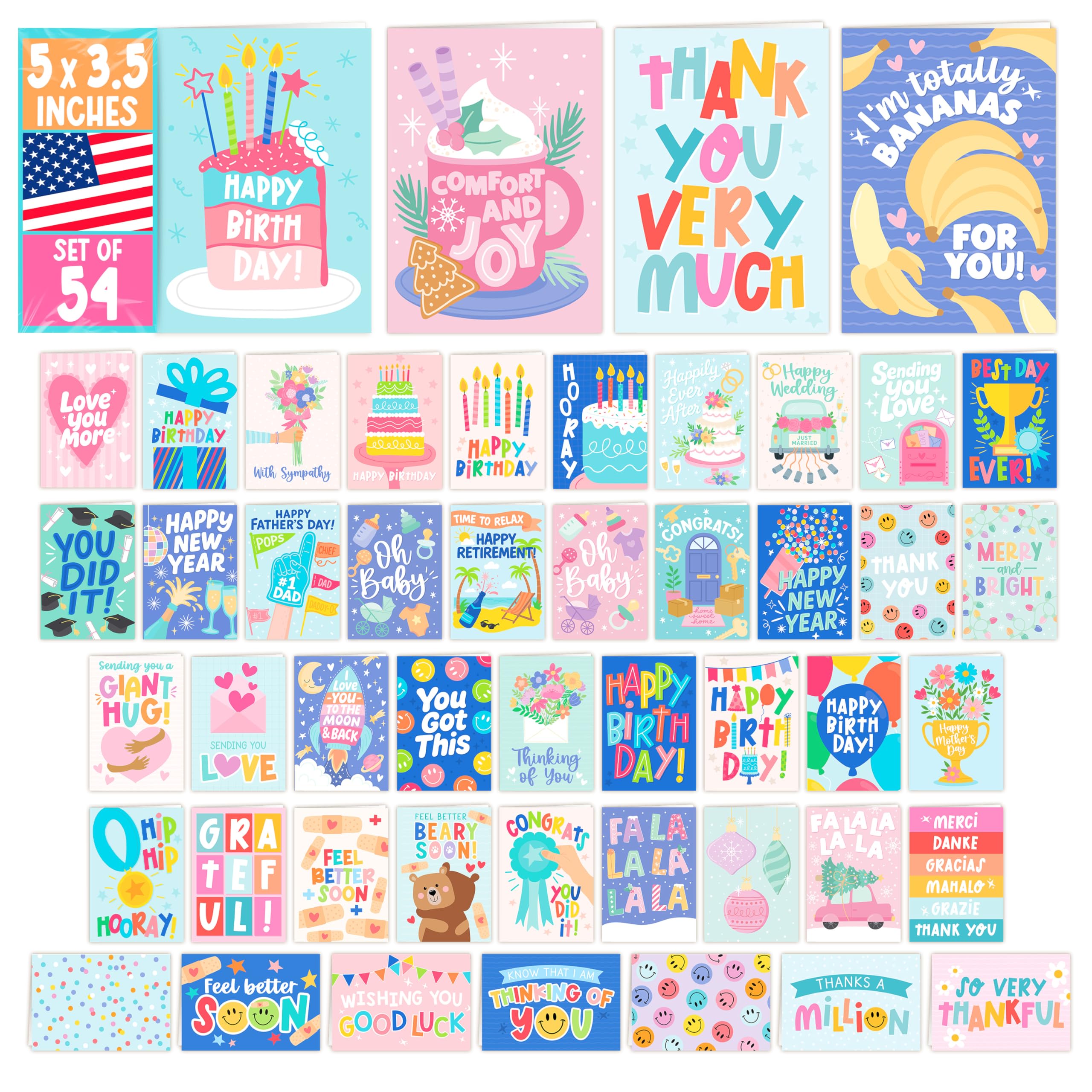 Hadley Designs Tarjetas surtidas con sobres para todas las ocasiones: 54 tarjetas de felicitación a granel para todas las ocasiones, surtido de tarjetas de felicitación mixtas, cumpleaños