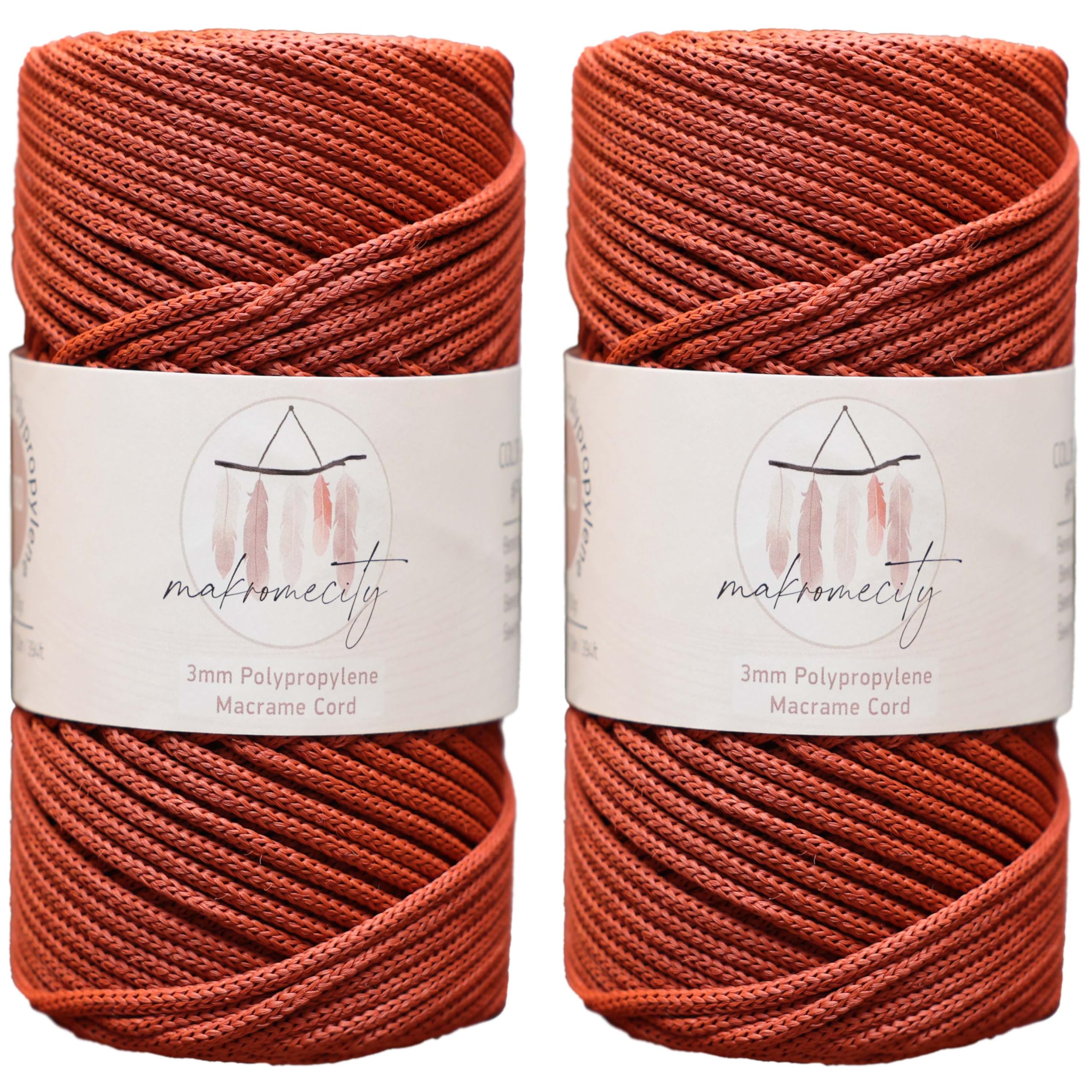 Makromecity, 2 Skeins of Polyester Macrame Cord 3mm x 131 Yards (394 feet) 3mm Polypropylene Brick Macrame Cord Crochet Macrame Bag Cord Crafts for Wall Hangings, Bags, Underplate, Rug