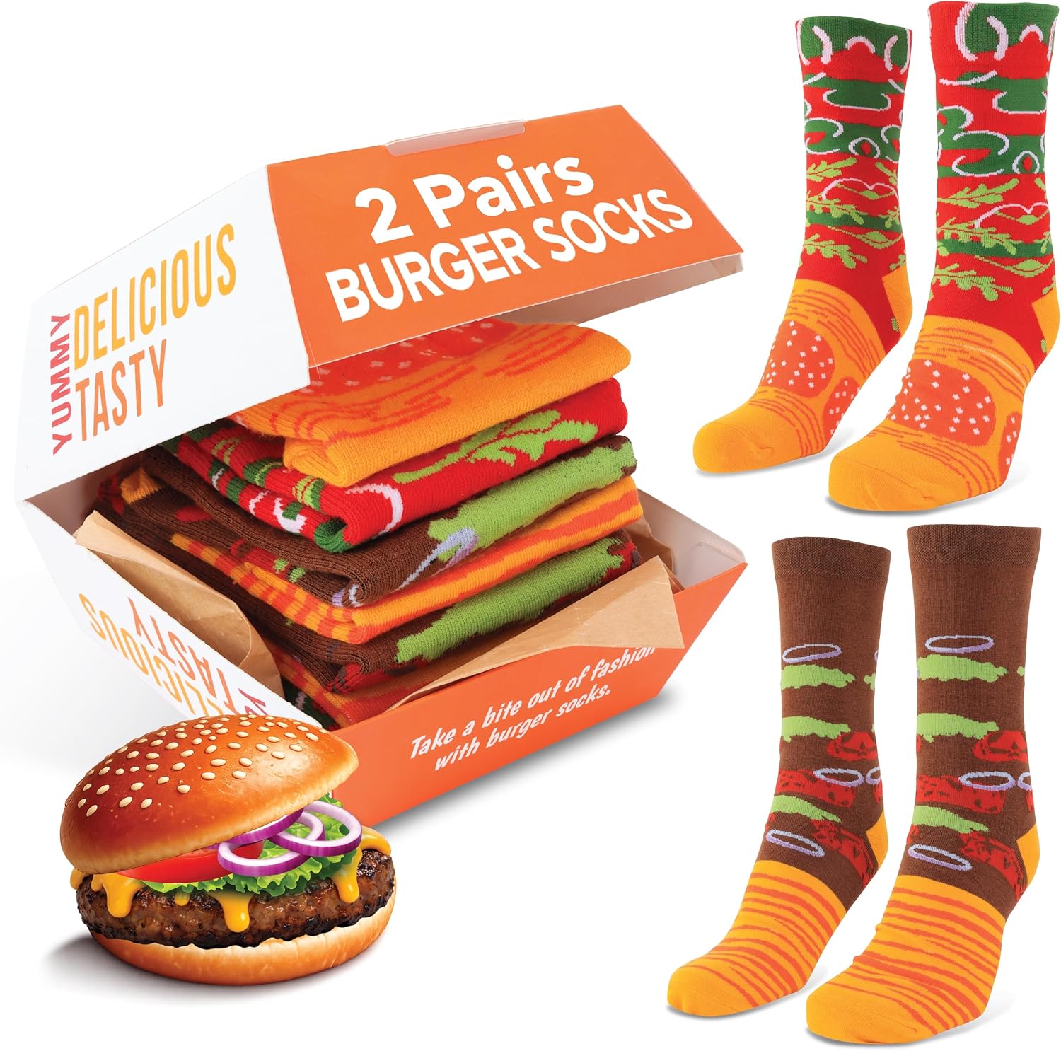 POPCRAZE Hamburger Socks 2 Pairs in Gift Box – Funny Novelty Burger Food Socks – One Size Fits Most – Crazy Funky Fast Food Gift – Unique Silly Box for Men Women