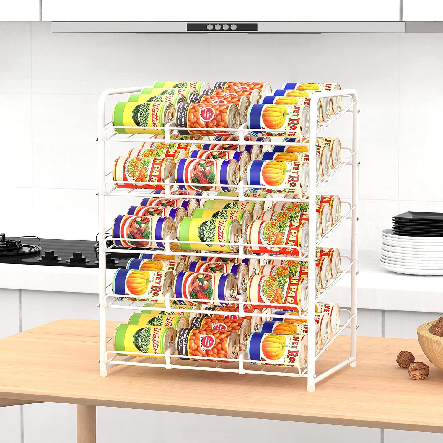 Simple Trending 5-Tier Can Rack Organizer, Can Storage Dispenser Holds up to 60 Cans for Kitchen Cabinet or Pantry, White