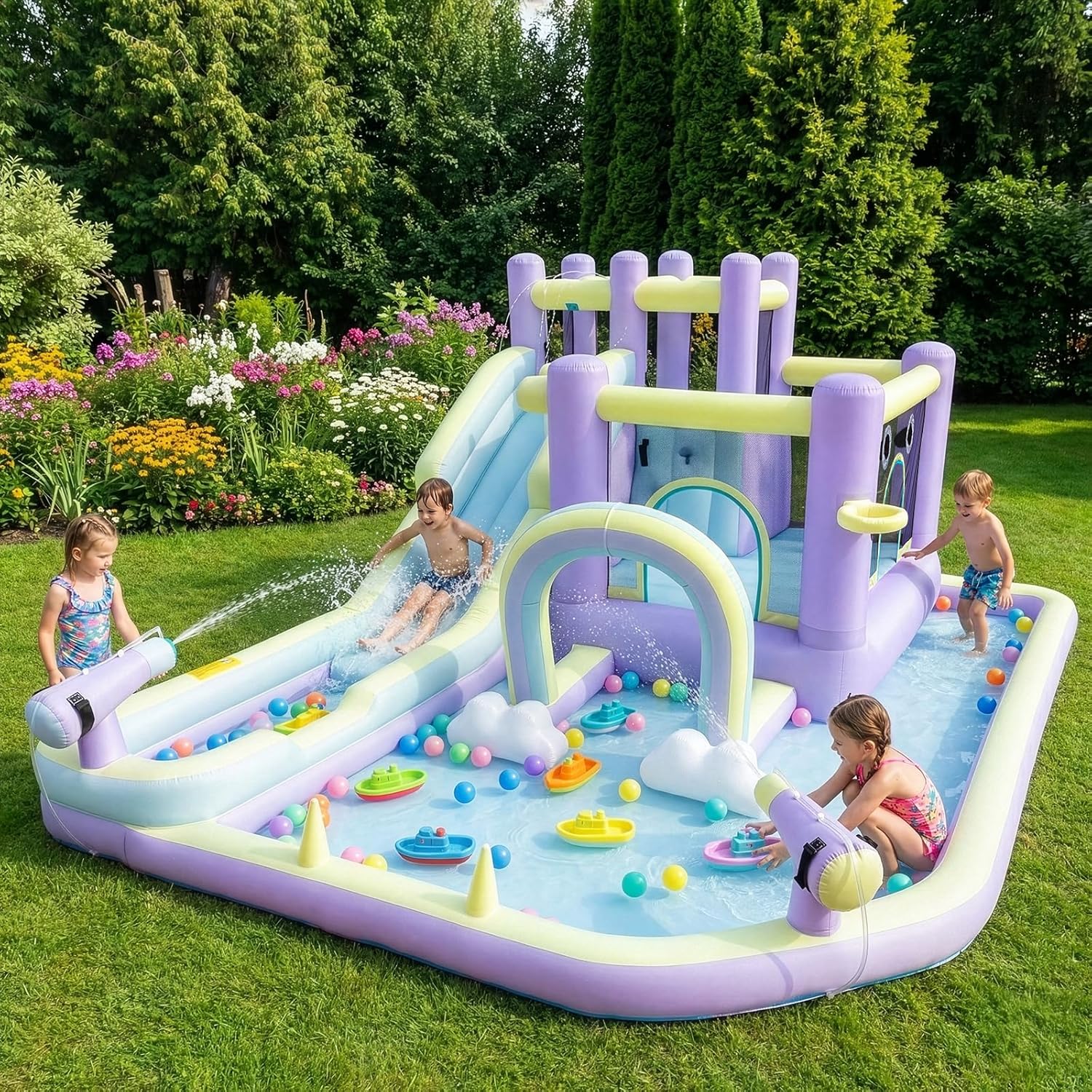 Ktaxon Inflatable Bounce House with Rainbow Arch, Outdoor Bouncy Castle W/Long Water Slide, 750W Blower, Pitching Game & Basketball Rim for Backyard Park, 192" Lx144 Wx88 H