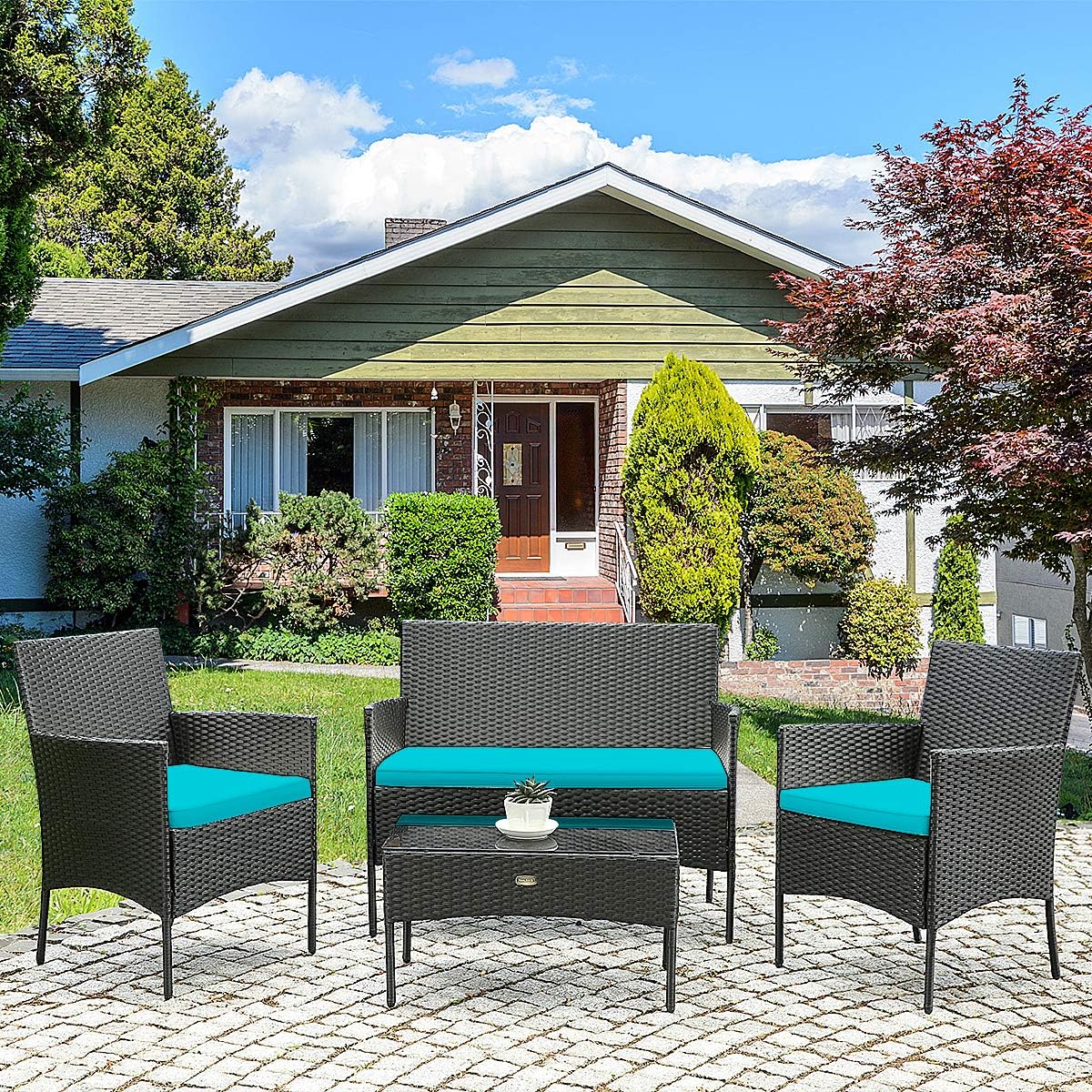 HAPPYGRILL 4 Pieces Patio Furniture Set Rattan Wicker Conversation Set with Tempered Glass Top Table, Outdoor Wicker Sofa Set with Removable Cushions for Poolside Garden Backyard