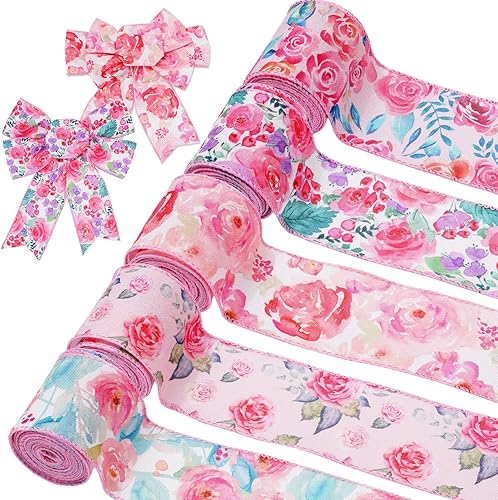 5 rollos de cinta floral para primavera y verano con borde con alambre, 2.5 pulgadas, flores rosas, cinta para manualidades para envolver regalos,