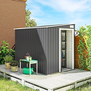 Outsunny 5x7FT户外倾斜式储物棚，金属花园棚，带可调搁板及滑动门，适用于庭院、露台和草坪，深灰色