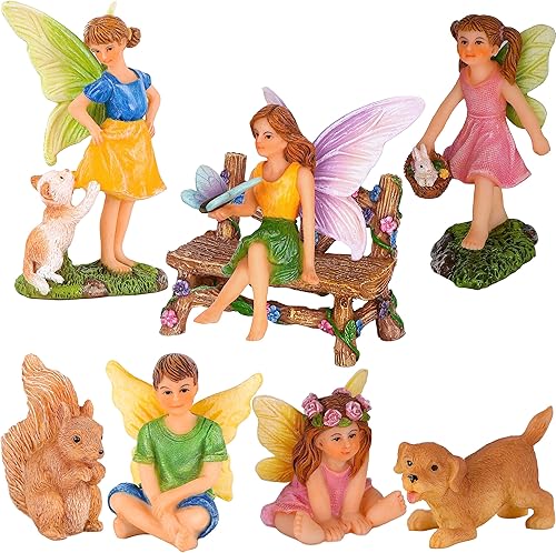 Mood Lab Fairy Garden - Figuras de hadas en miniatura con animales, estatuas y accesorios de decoración, juego de 8 piezas