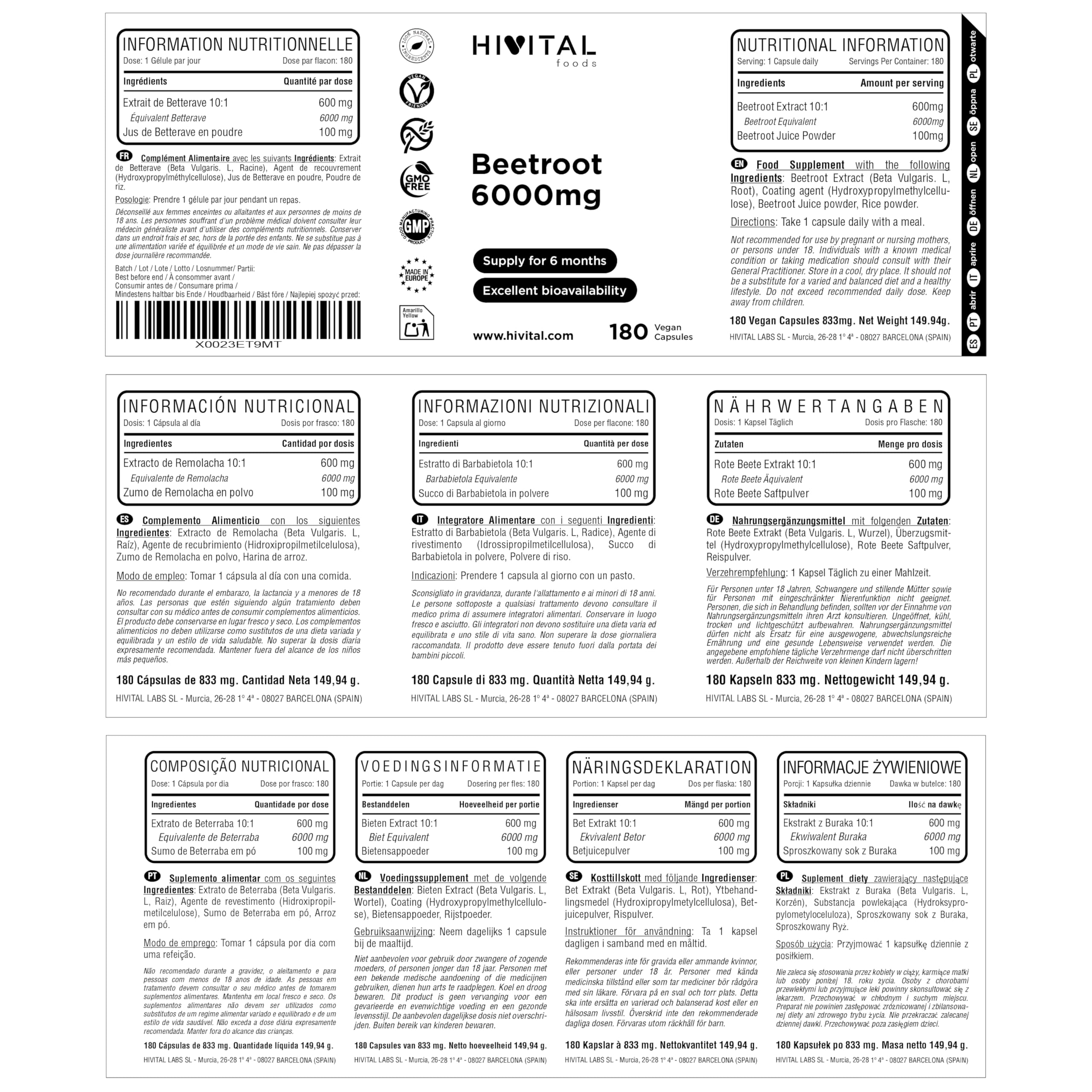 Barbabietola 6000 mg. 180 capsule vegane per 6 mesi di trattamento. Estratto Naturale di Beetroot. Prodotto in Europa da HIVITAL