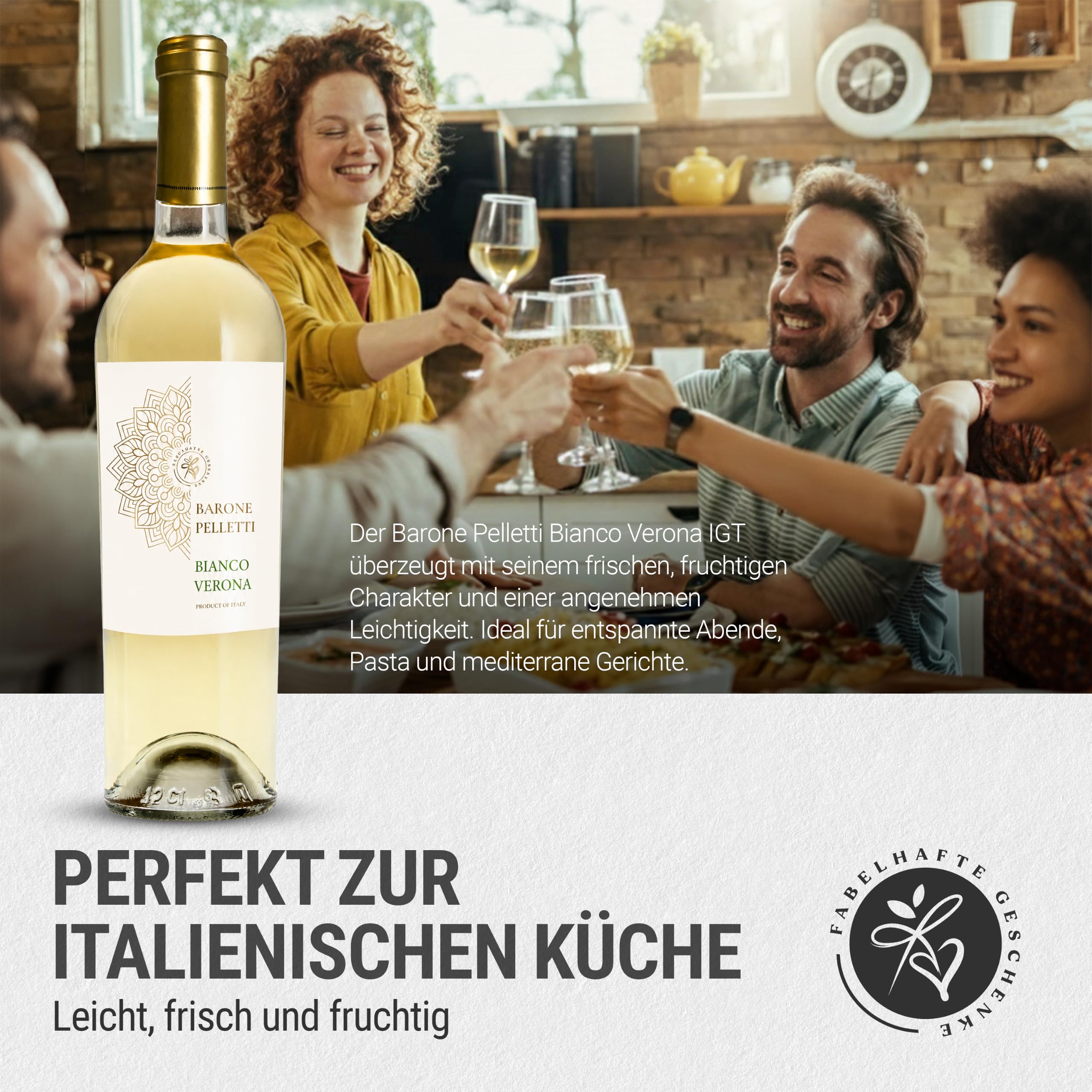 Geschenkkorb Bella Italia gefüllt mit Weißwein und italienischer Feinkost- Präsentkorb mit Olivenöl, Aceto Balsamico, Pasta, Pesto, Tartufini | mit "HERZLICHEN GLÜCKWUNSCH" Banderole