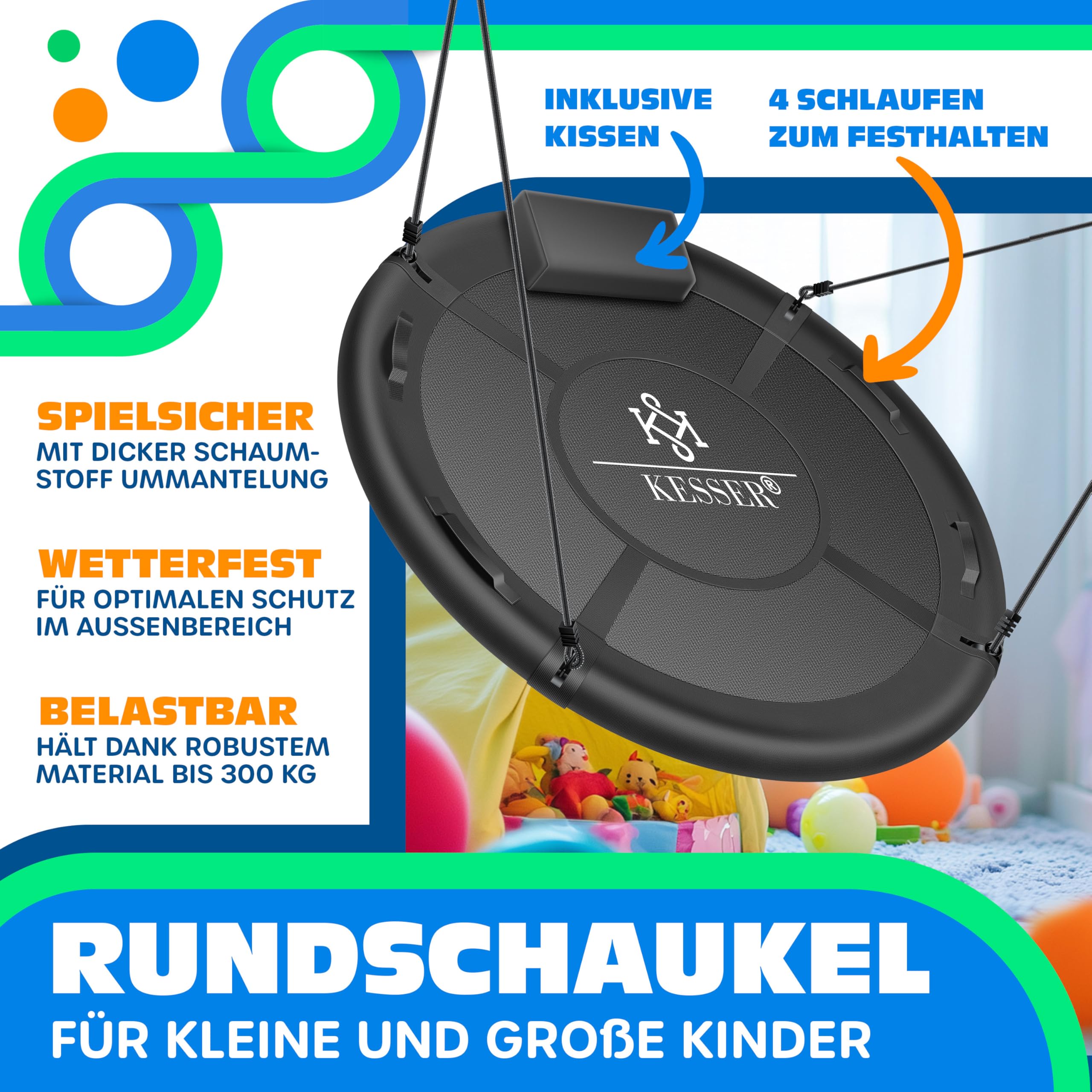KESSER® Columpio nido, columpio redondo, diámetro de 120 cm, soporta hasta 300 kg, con cojín y 4 asas, ajustable, para interior y exterior, para niños y adultos, antracita
