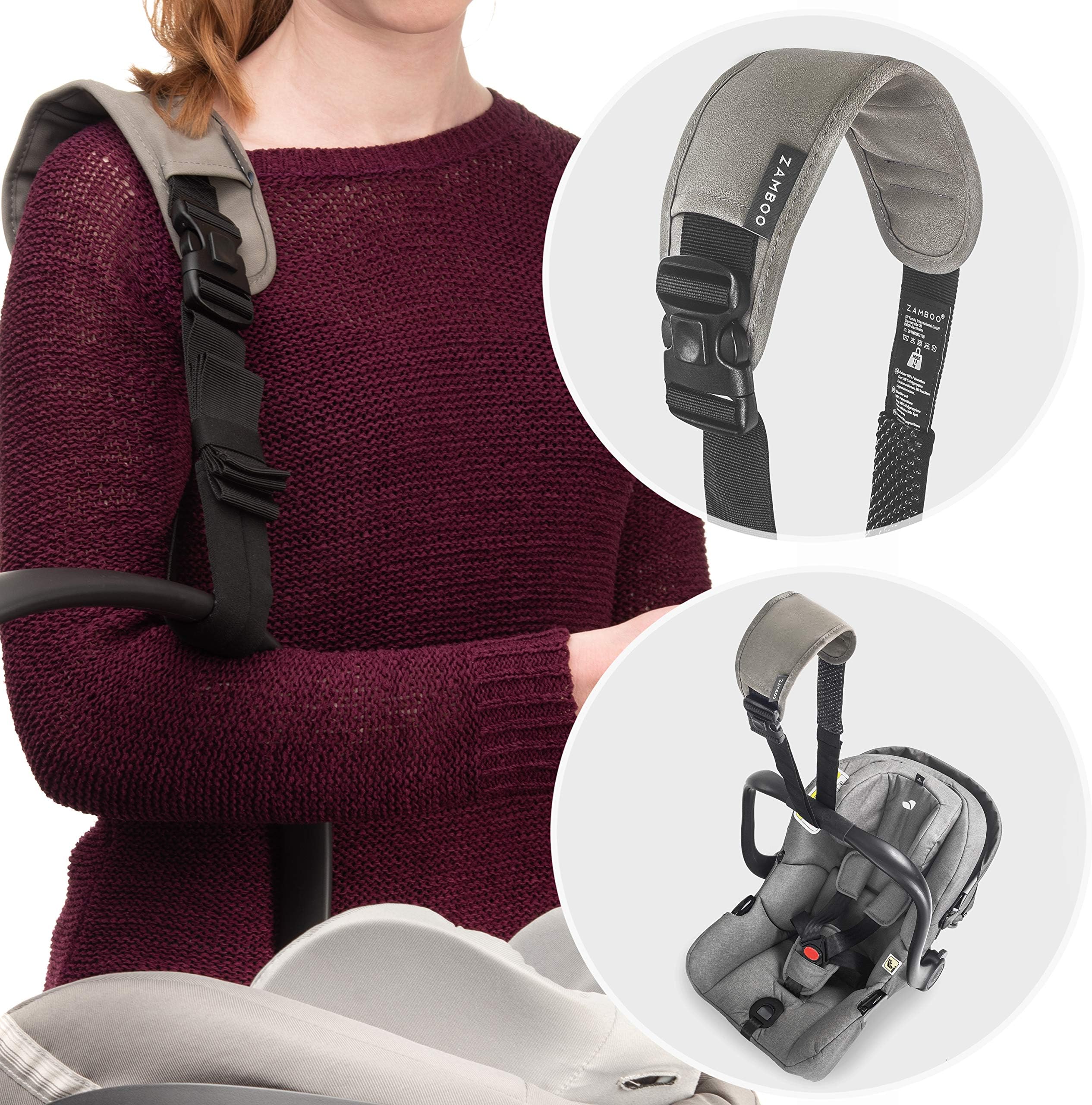 Zamboo Carrying Strap for Baby Car Seat - Universal Carrying Aid with Non-Slip Pad and Shoulder Pad - Makes Transport of Baby Car Seats (e.g. Maxi-Cosi, Cybex, etc.) - Black / Grey