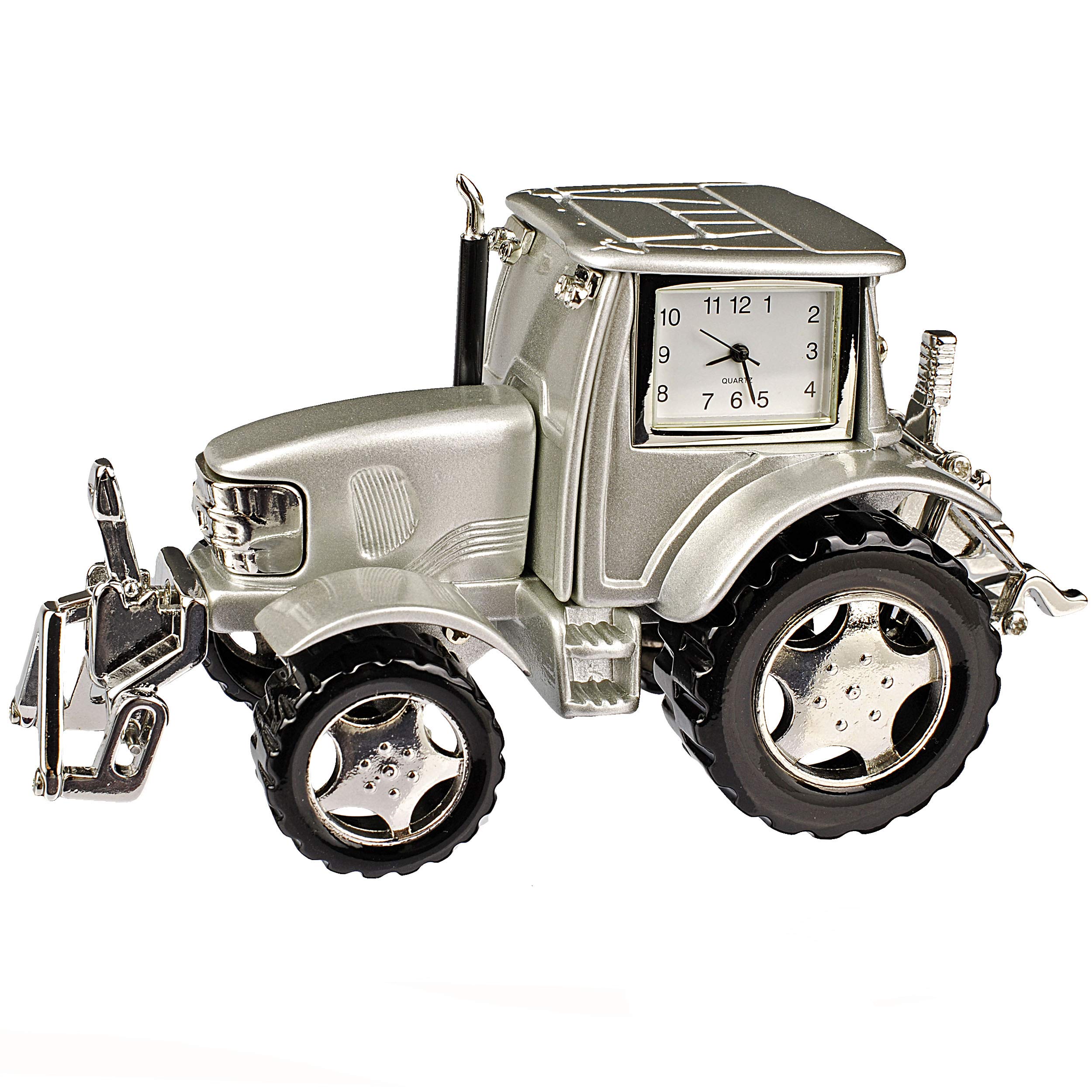 alles-meine.de GmbH kleine - Tischuhr/Miniatur - Uhr - Traktor - Auto - inkl. Name - aus Metall - 12,5 cm - batteriebetrieben - Analog - Batterie - Silber - grau - Zahlen Stehu..