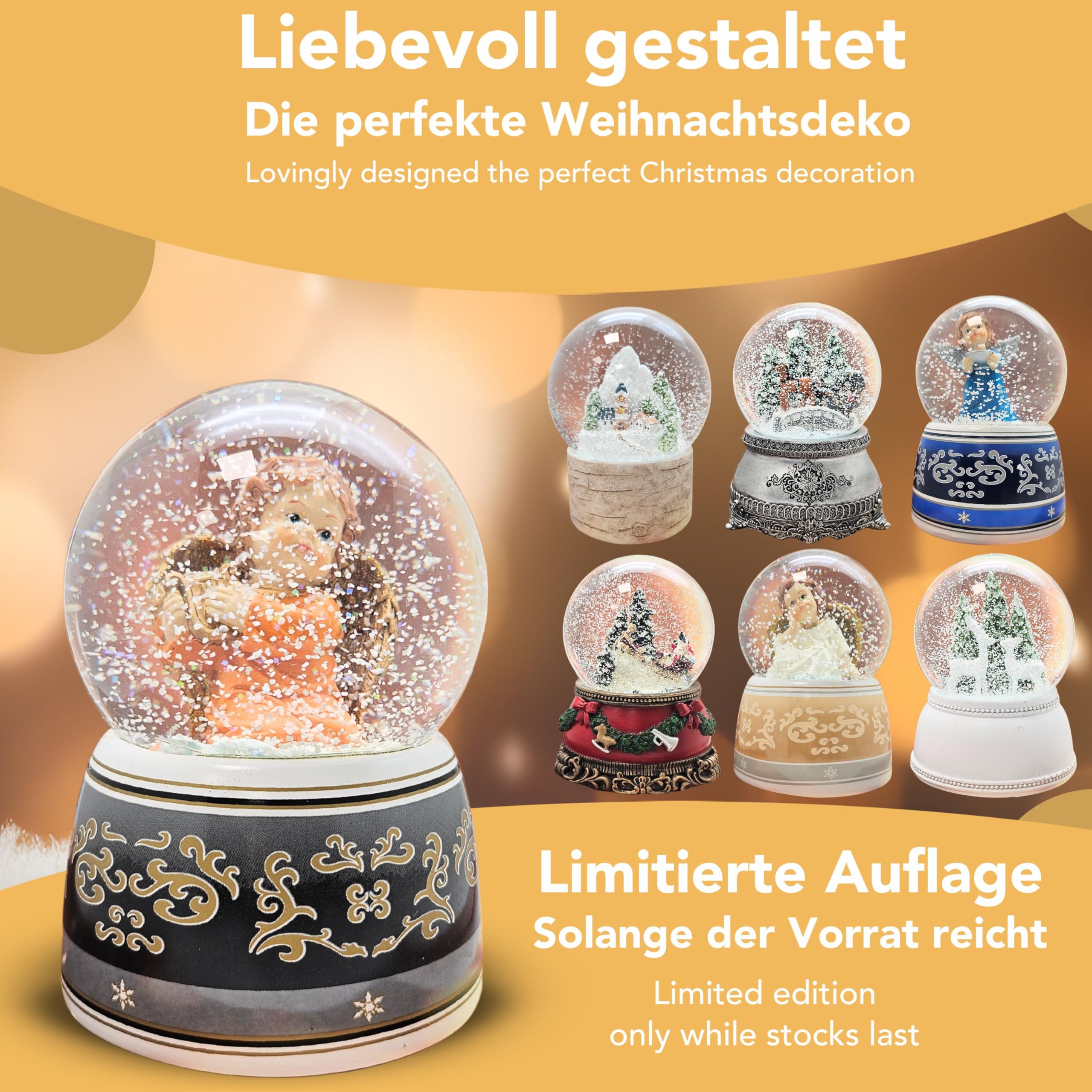 Schneekugel Spieluhr Engel | Harfe mit Flügel Gold mit Spieluhr Ode an die Freude | 140mm hoch | 100mm Durchmesser | Schüttelkugel Glitzerkugel | 20034