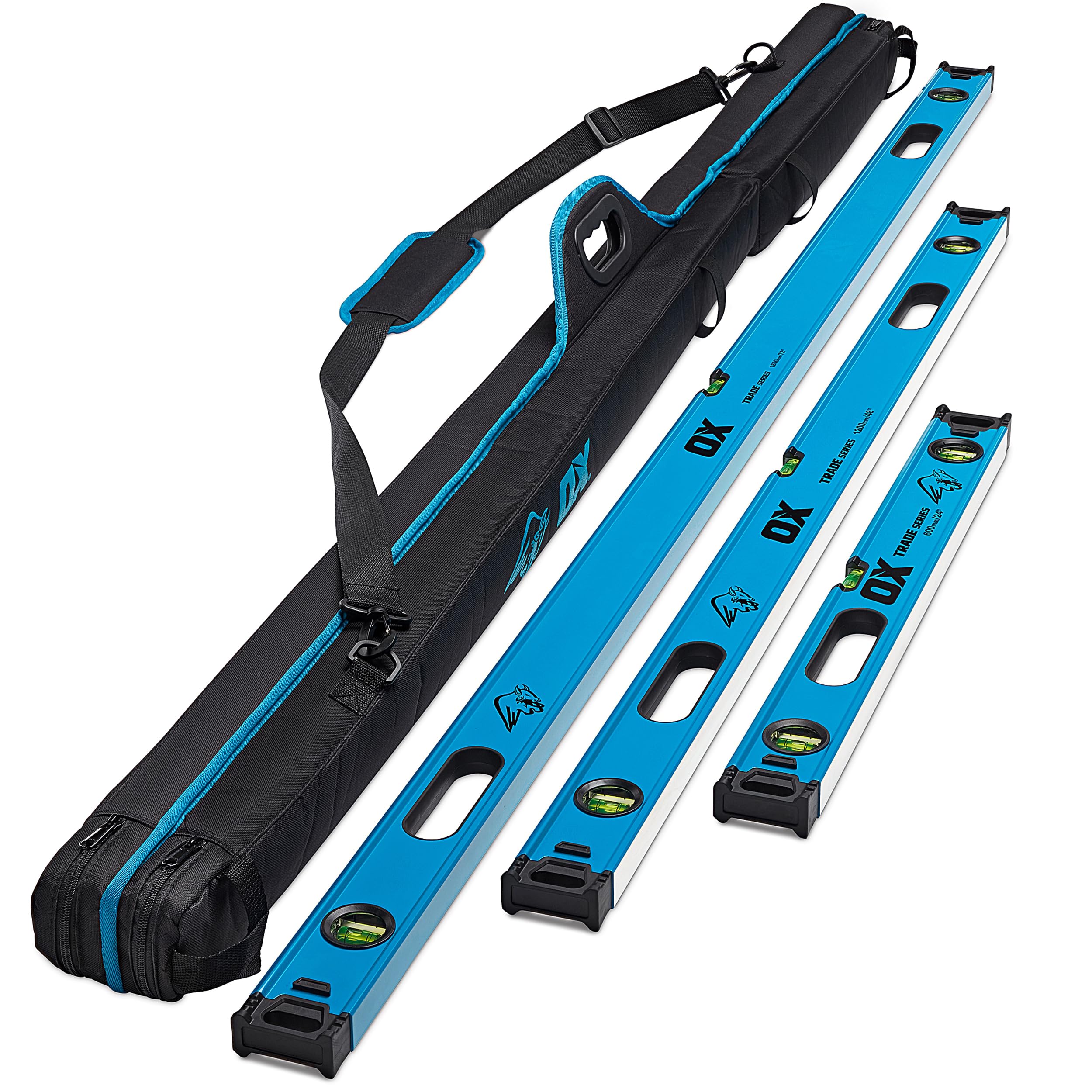 OX Trade 3PC Box Spirit Level Set (600mm, 1200mm, 1800mm) with a Carry Bag, Lightweight High-Accuracy Spirit Level With Magnified Vials, Shock-Absorbing End Caps, Cushioned Grip, OX-T505903