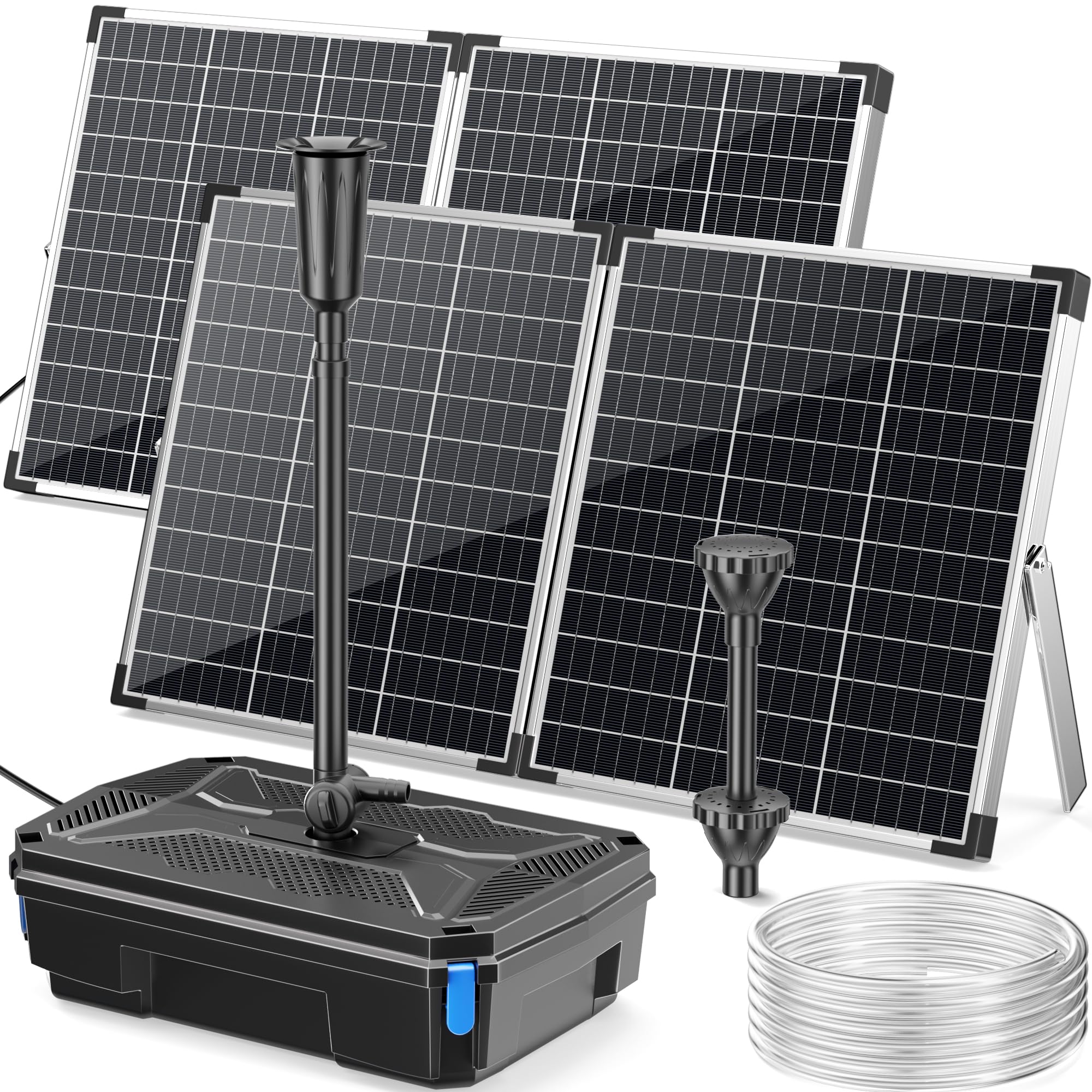 POPOSOAP Kit de Filtre Solaire pour Bassin et Pompe de Fontaine 120W, Pompe Submersible 6000L/h avec Filtration 4 Niveaux et 3 Buses pour Bassins Extérieurs, Aquariums, Cascades de Jardin