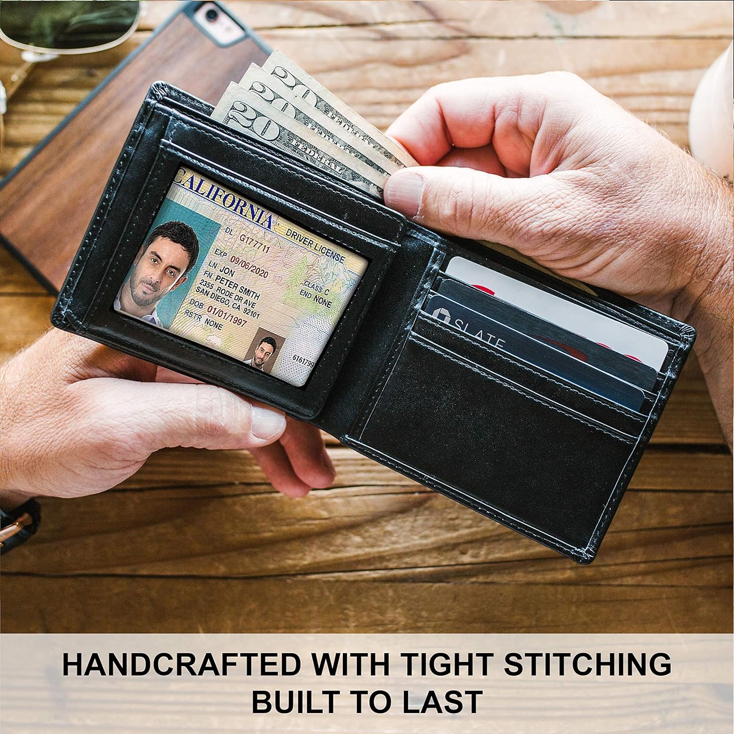 Top Grain Leather Wallet for Men | RFID Blocking | Extra Capacity Bifold Wallet with 2 ID Windows | Ultra Strong Stitching | Slim Billfold with 8 Card Slots | Gift for Him - Image 3
