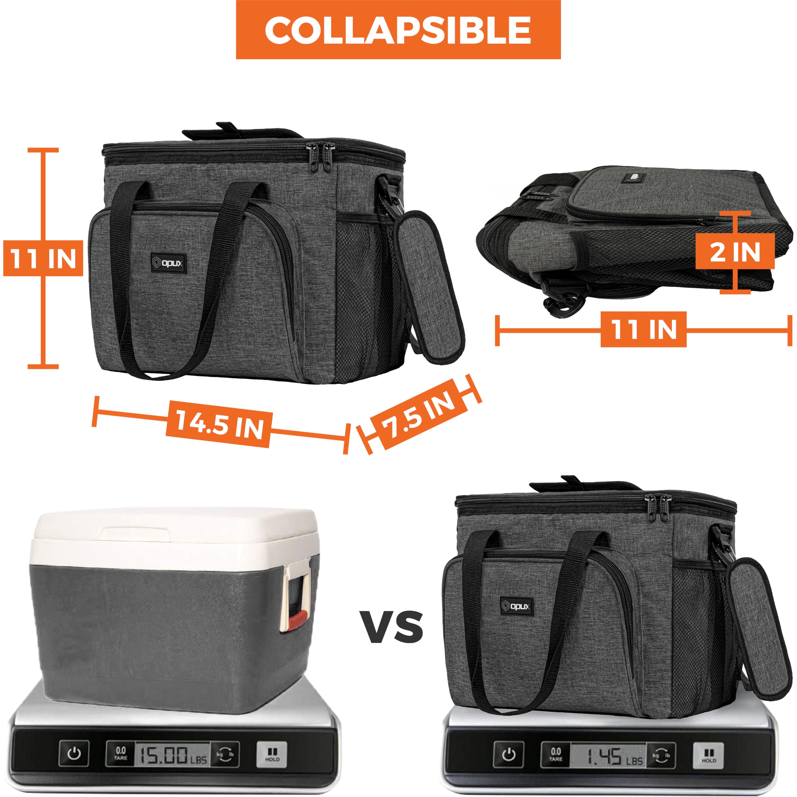 OPUX Bolsa térmica suave, bolsa de almuerzo plegable aislada para hombres, trabajo, camping, playa, viajes, portátil, suave, a prueba de fugas, impermeable, bolsa de almuerzo grande con correa para el