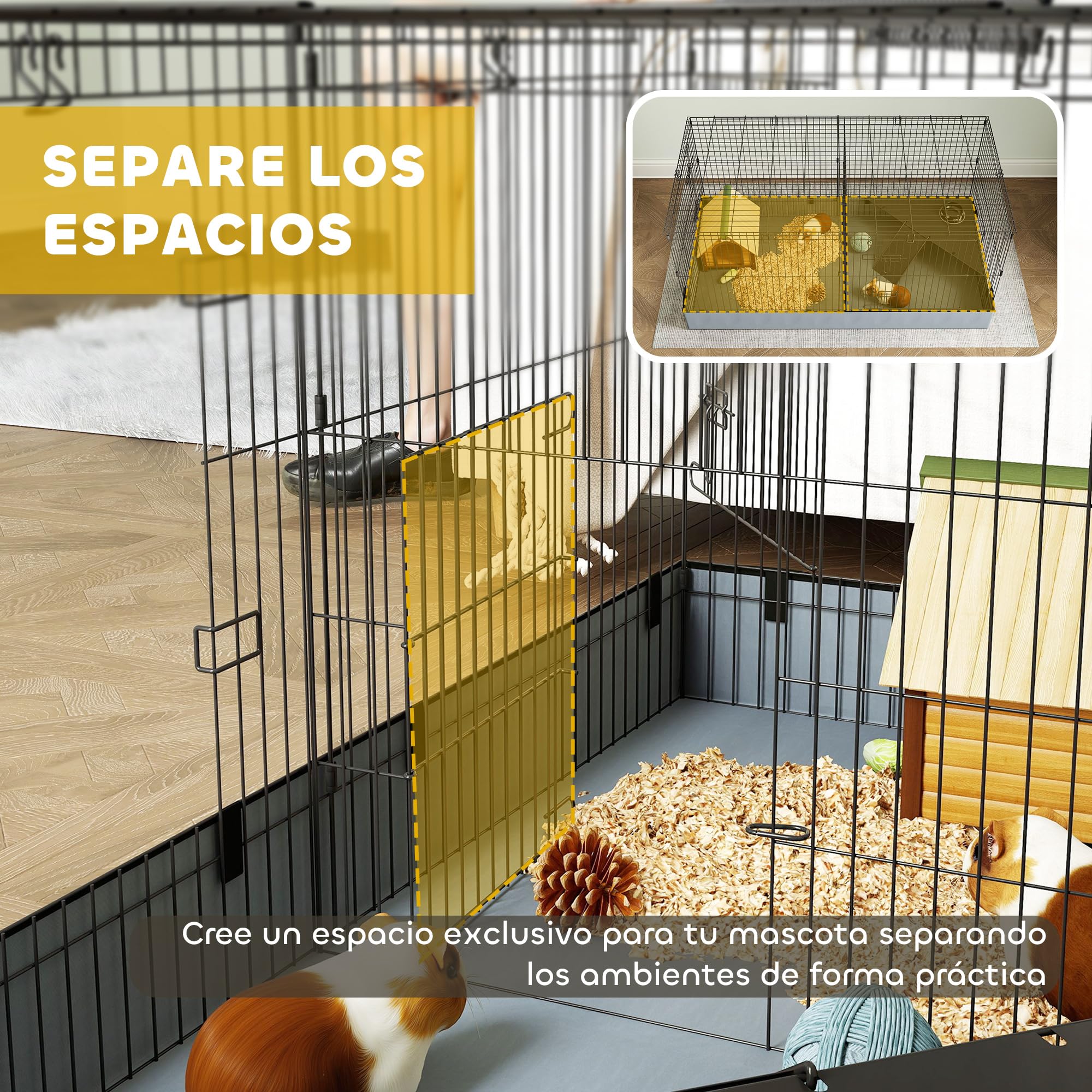 PawHut Jaula para Animales Pequeños 2 en 1 con Tapa Extraíble Parque para Mascotas Recinto para Conejos, Cobayas y Erizos 121x61x61 cm Negro