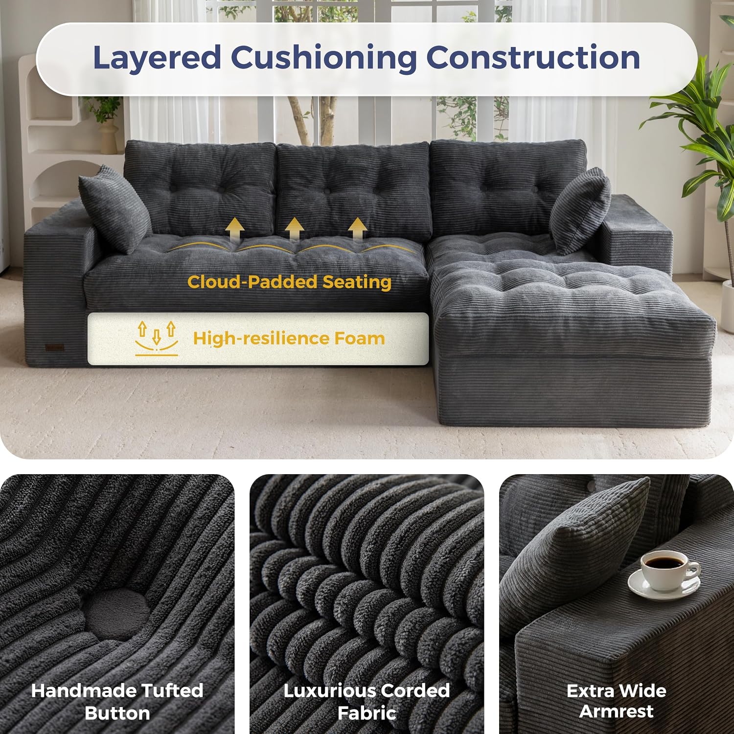 104" L Shaped Modular Sectional Sofa with Ottoman, Cloud Boneless Couch with Layered Cushion, Upholstered Sofa in a Box, Flexible Module Combination for Living Room, No Assembly, Dark Grey