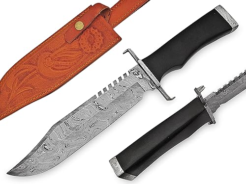 SFG - Cuchillo Bowie de caza de hoja fija de 14 pulgadas, hoja de acero de Damasco, mango de micarta negro antideslizante, caza, camping, mochilero,