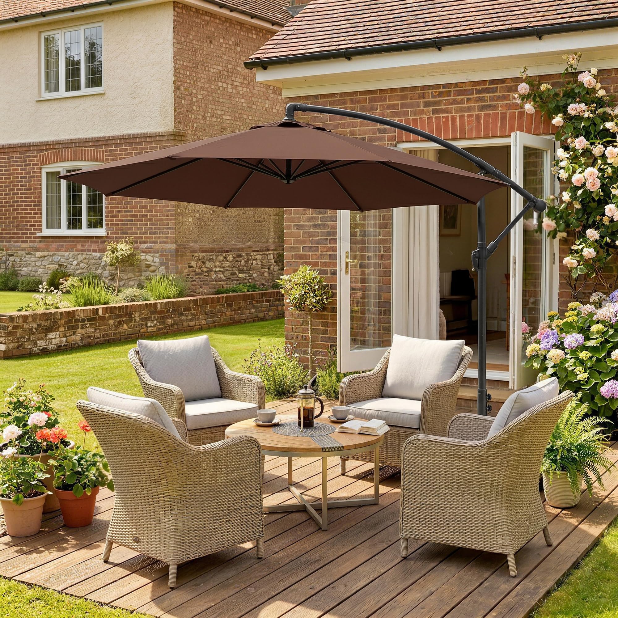 Outsunny Ombrellone da Giardino 3x3m con Tettuccio Regolabile, Base a Croce, Prese d'Aria, Manovella, Ombrellone Decentrato Inclinabile in Acciaio e Poliestere, per Cortile Terrazza, Marrone