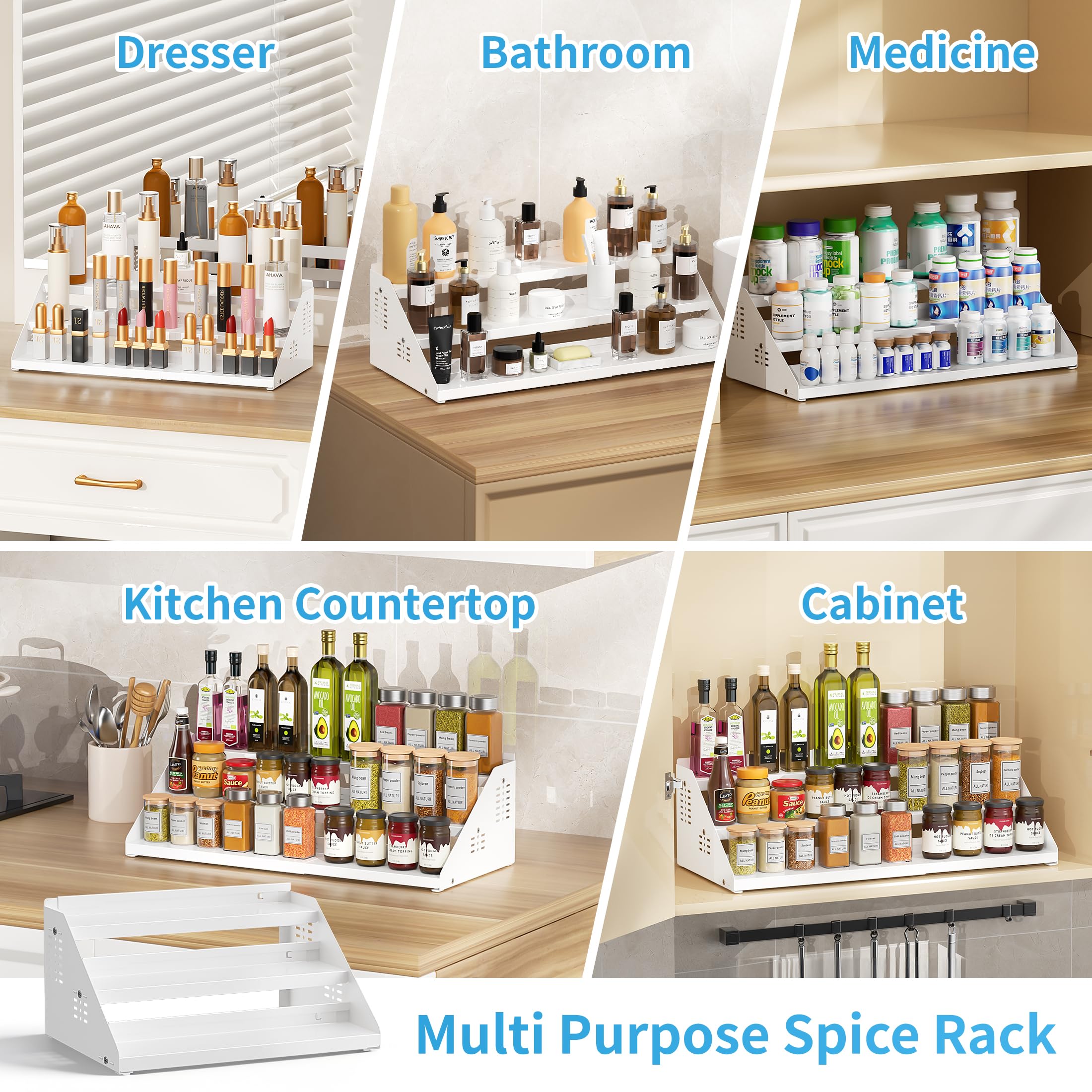 Étagère à épices extensible à 3 niveaux pour armoire, largeur extensible et réglable, organisateur d'assaisonnement pour armoire, comptoir, garde-manger, Blanc