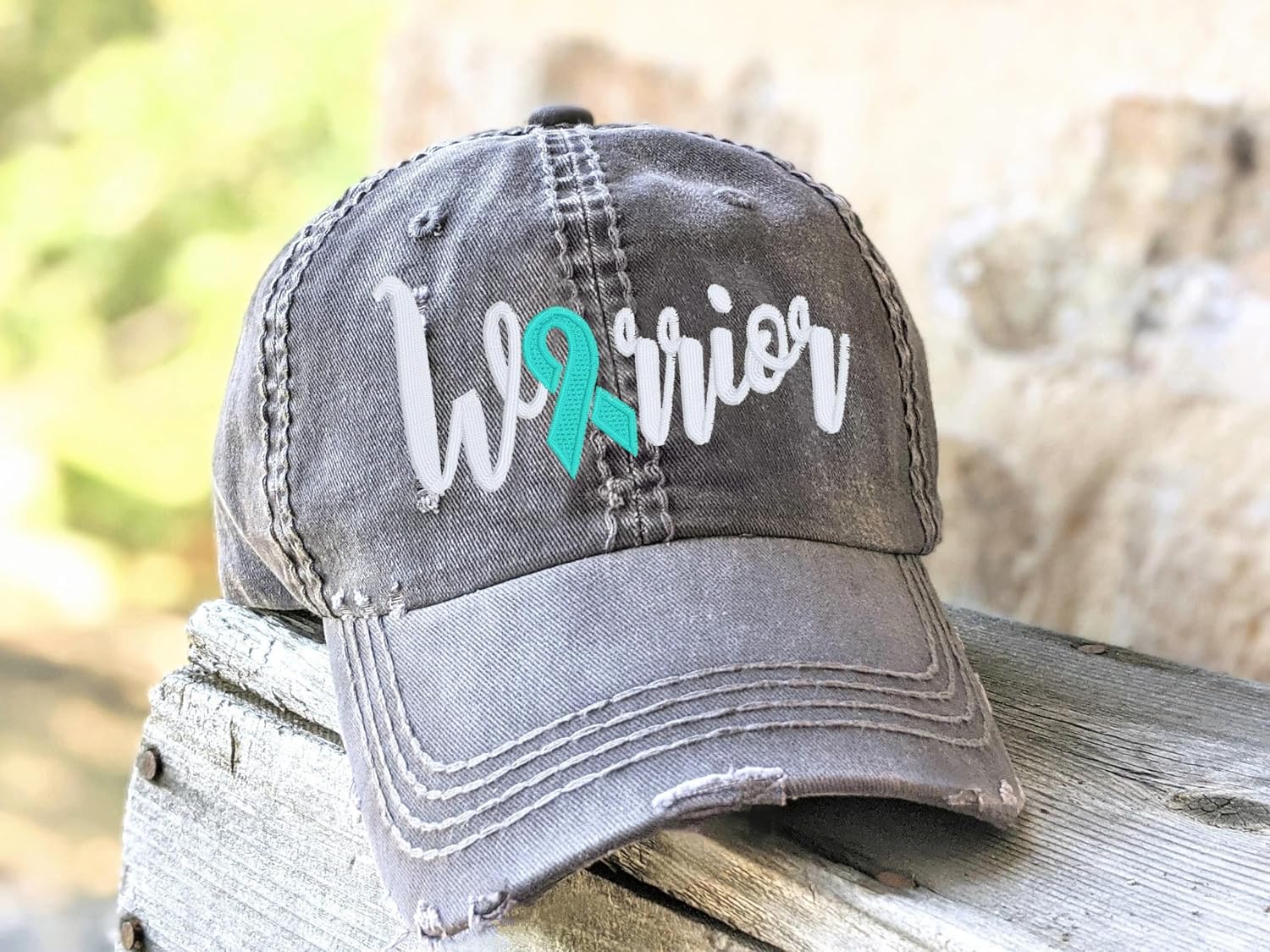 Warrior Ovarian Teal Cancer Ribbon Hat, Baseball or High Ponytail Cap, Handmade Embroidered Cute, Chemo Support Walk Run Gift Clothing for Her Wife Mom Friend, Chemo Chemotherapy