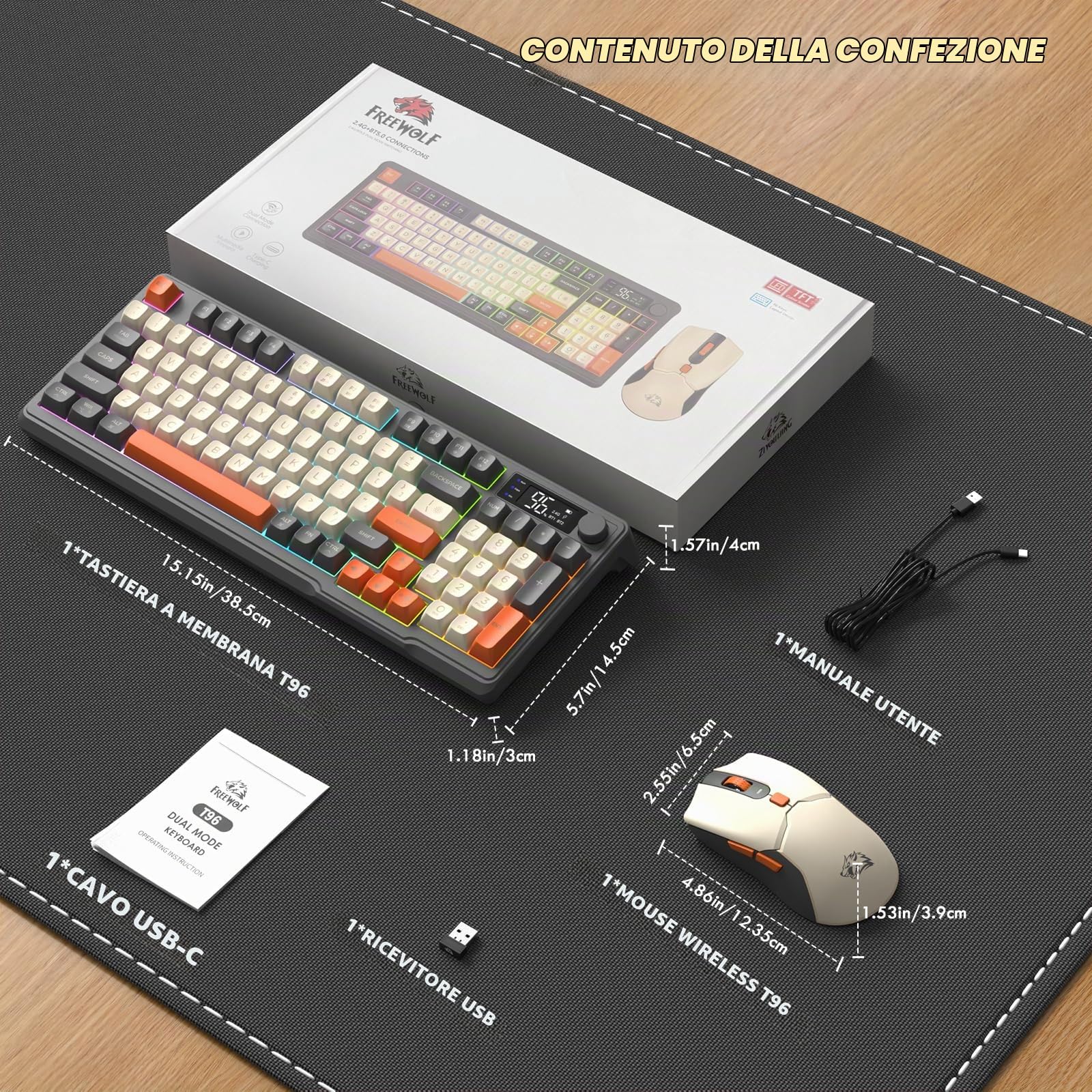 ZIYOU LANG×FREEWOLF T96 Set Tastiera Mouse e Gioco Wireless, BT/2.4GHz Dual-Mode, Display e Manopola Intelligenti, Retroilluminazione Arcobaleno, Tastiera QWERTY Ricaricabile e mouse PC - Luccichio
