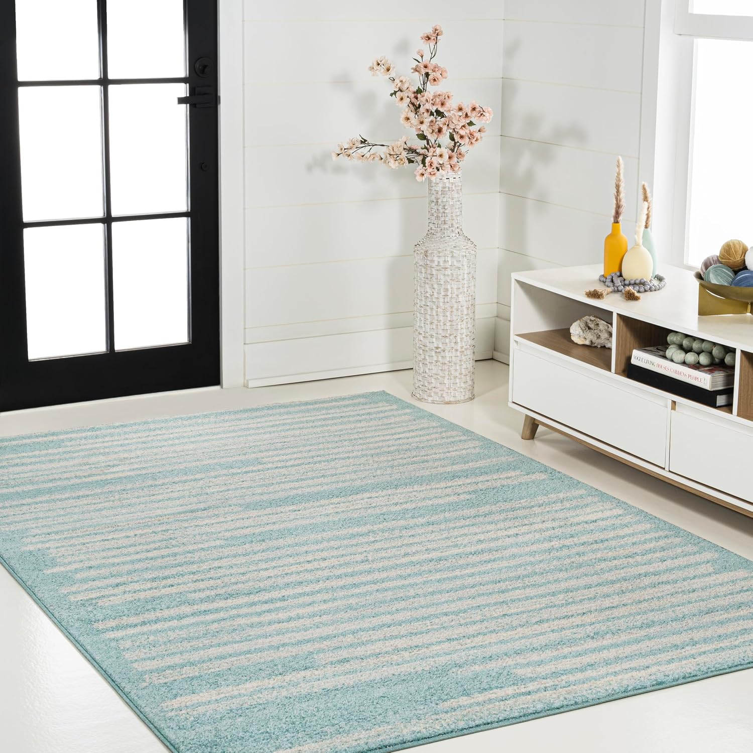 JONATHAN Y Khalil Modern Berber Stripe Turquoise/Cream Indoor Area Rug, 5x8, Contemporary, Bohemian, Easy-Cleaning for Living Room, Bedroom, Kitchen, Pet Friendly, Non-Shedding (MOH207D-5)