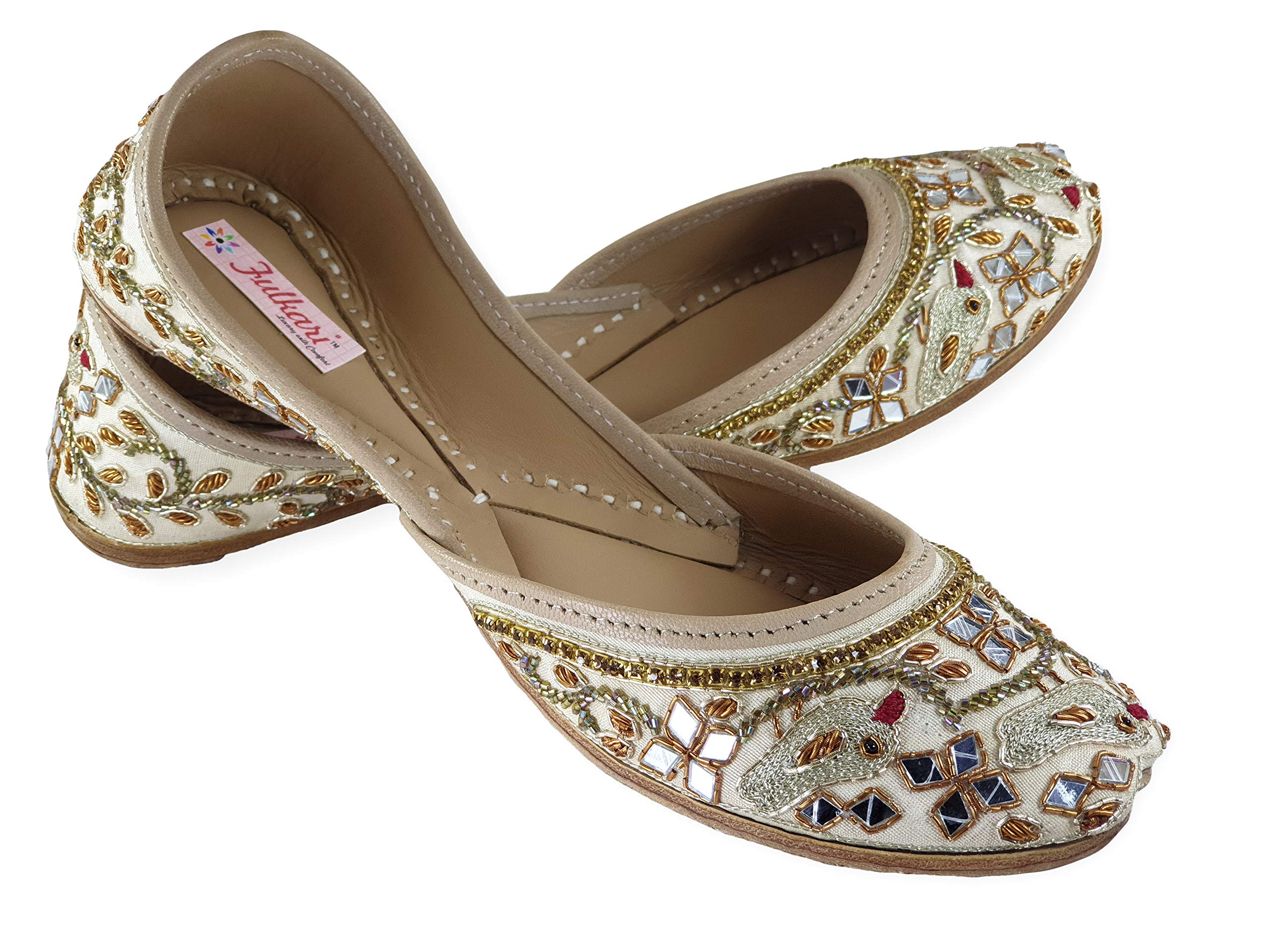 Fulkari Women's Spring Genuine Soft Leather Embroidered Jutis | Bite and Pinch Free Jutti | Punjabi Formal Juttis | Girl's Wedding Flat Ladies Mojari | Formal Ethnic Juti |