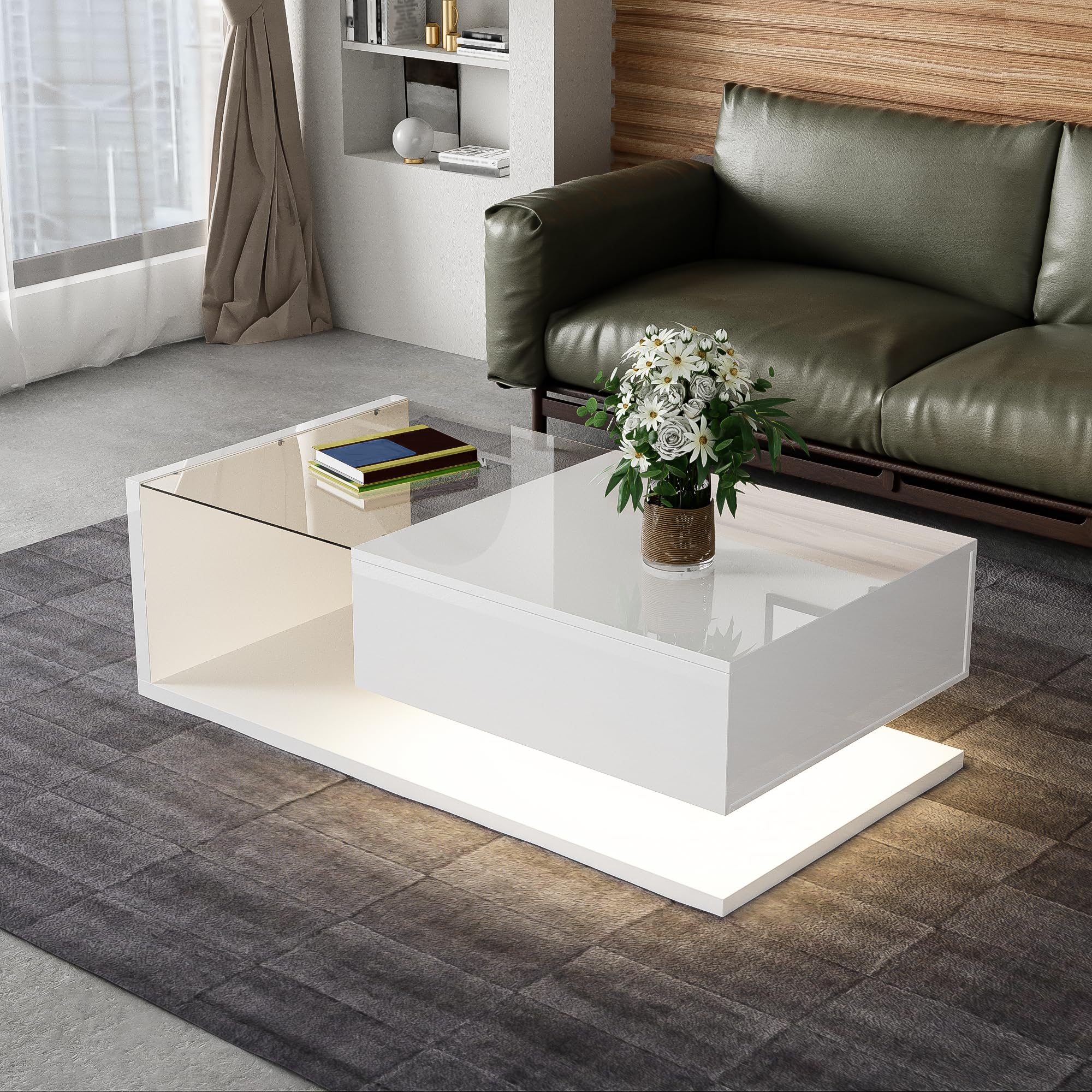 BTM Couchtisch, Hochglanz-Weiß. Beistelltische, Couchtische mit Glas und LED-Effekt