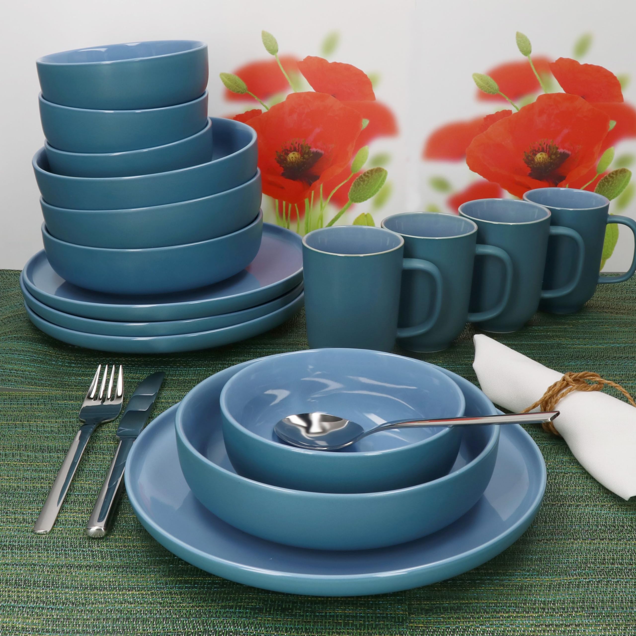Ritzenhoff & Breker Jasper Service de table 16 pièces en faïence pour 4 personnes Bleu océan Avec 4 tasses à café de 250 ml, bols de 360 ml, assiettes creuses et assiettes plates I Petit déjeuner et
