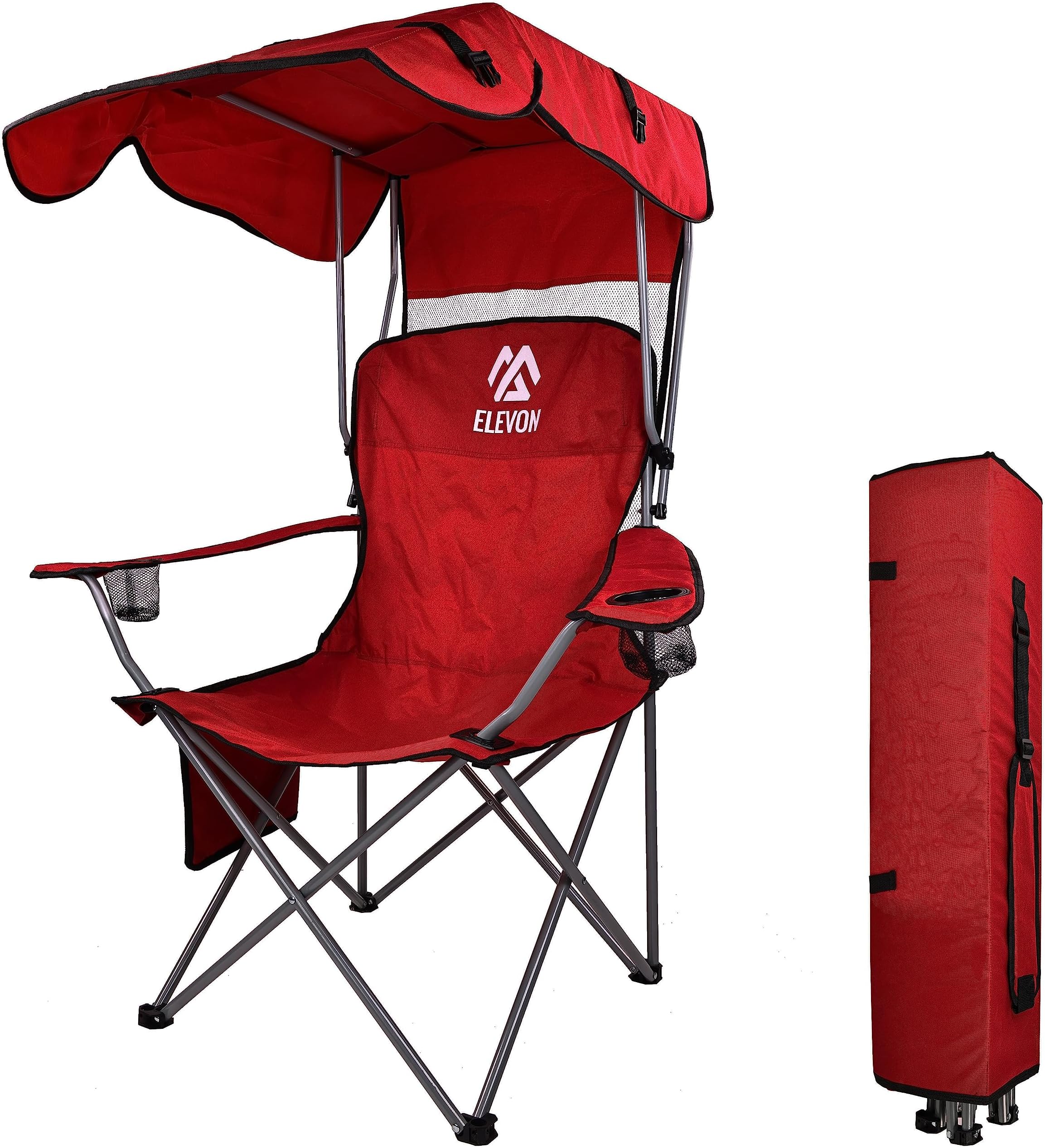 Elevon Canopy Chair Folding Camping Recliner Support with Carrying Bag, Burgundy