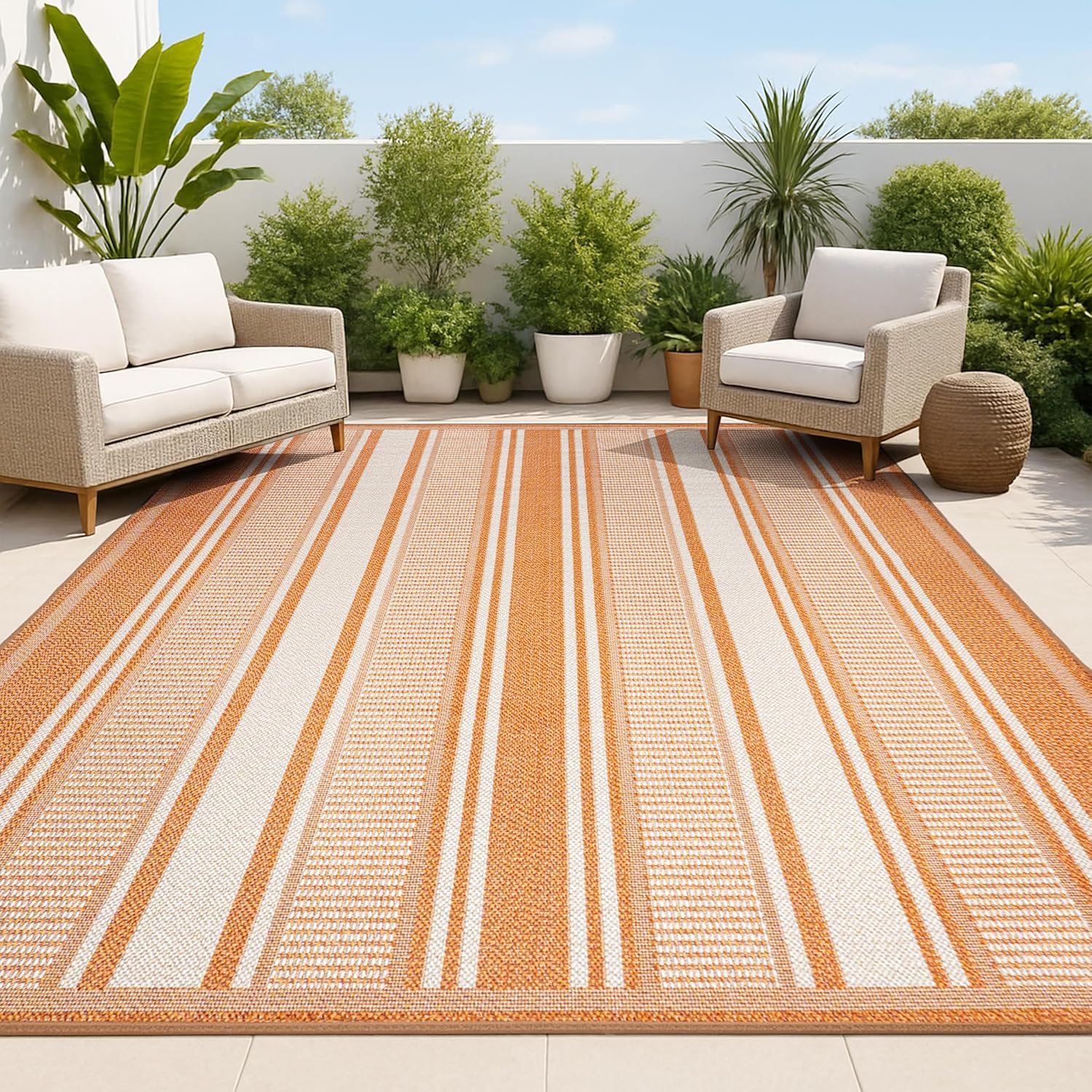 JONATHAN Y Double Stripe Indoor Outdoor Area Rug 3X5 Orange/Cream, Haynes Modern for Backyard, Patio, Porch, Easy-Cleaning, High Traffic, Pet-Friendly, Non-Shedding (SMB202C-3)
